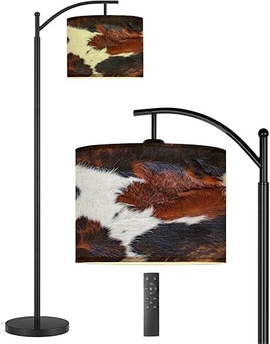 Lámparas de pie de arco de cuero acostadas en el campo, piel de vaca, con control remoto, lámpara de pie alta de metal con pantalla para sala de