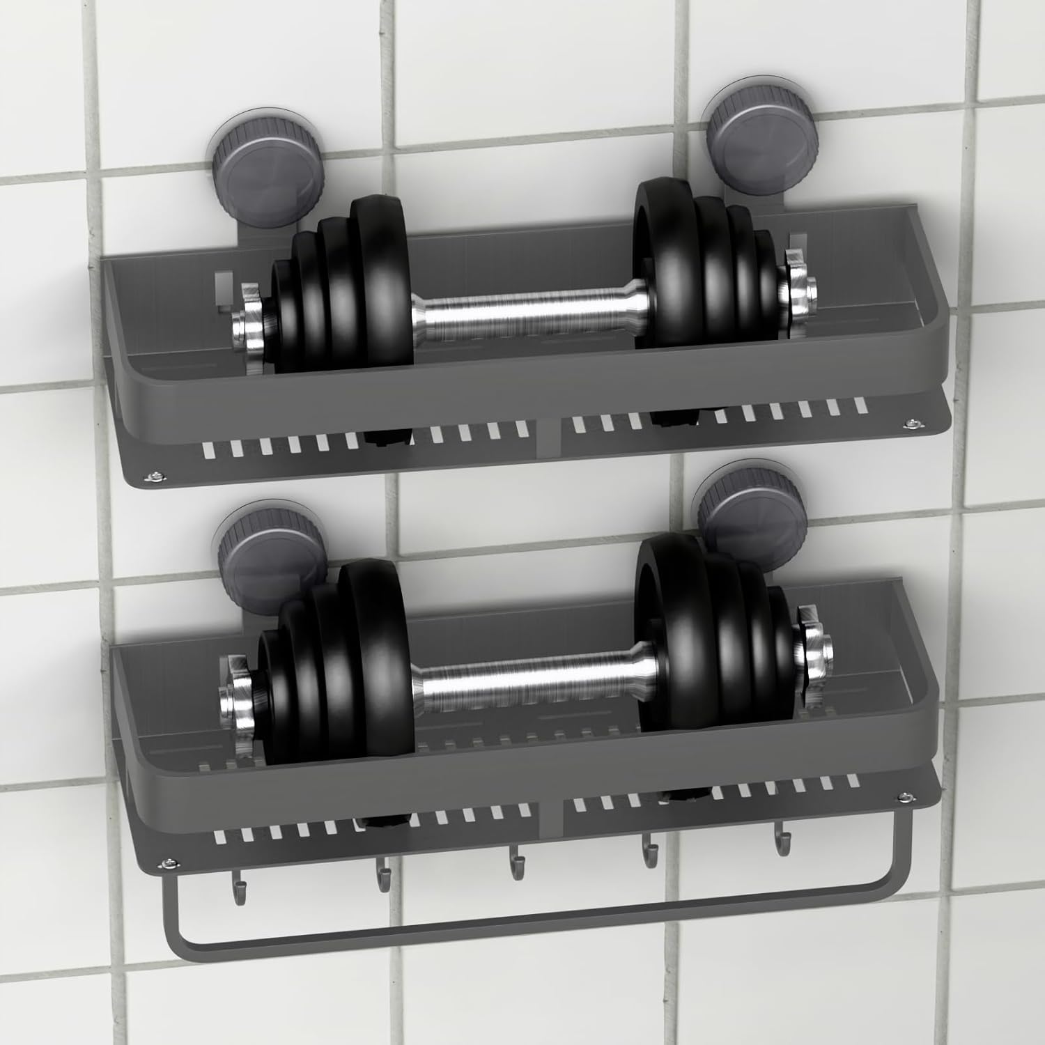 Shower Caddy Suction Cup Organizer， No Drilling Organizer Suction with 5 Hooks for Bathroom Storage,Shower Shelf with Towel Bar,2-Pack