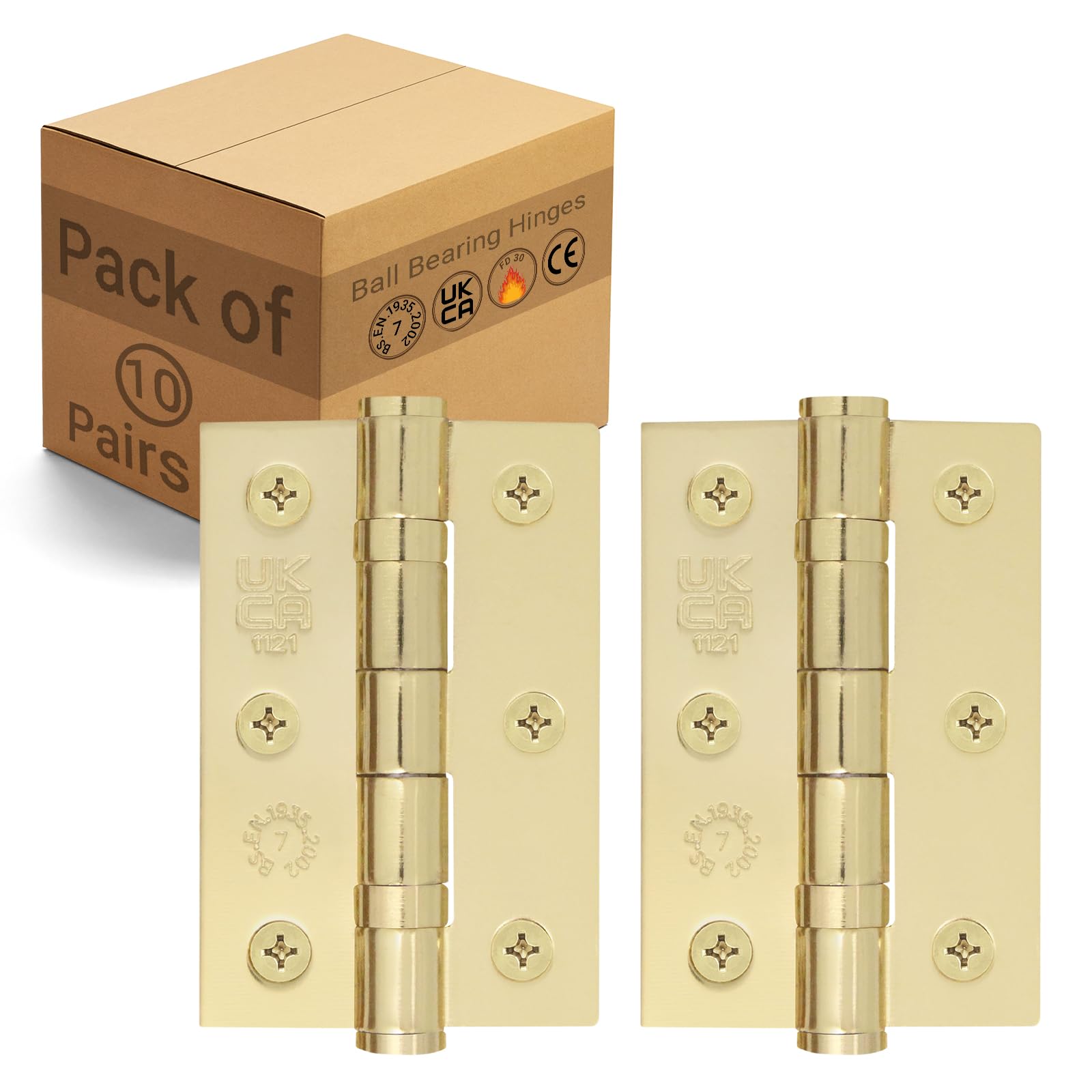 EAI Polished Brass Door Hinges, 76mm / 3 Inch, 10 Pairs Fire Rated