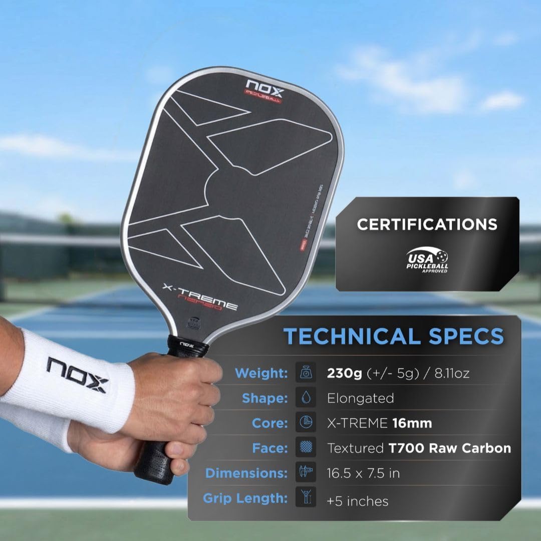 NOX Pickleball Paddle X-Treme Nerbo 16mm 2026 | Elongated Shape Pickle Ball Paddle | USAP Approved Elite Pickleball Racket | T700 Raw Carbon Face for High Spin| Smart Cell Core & Vibration Control