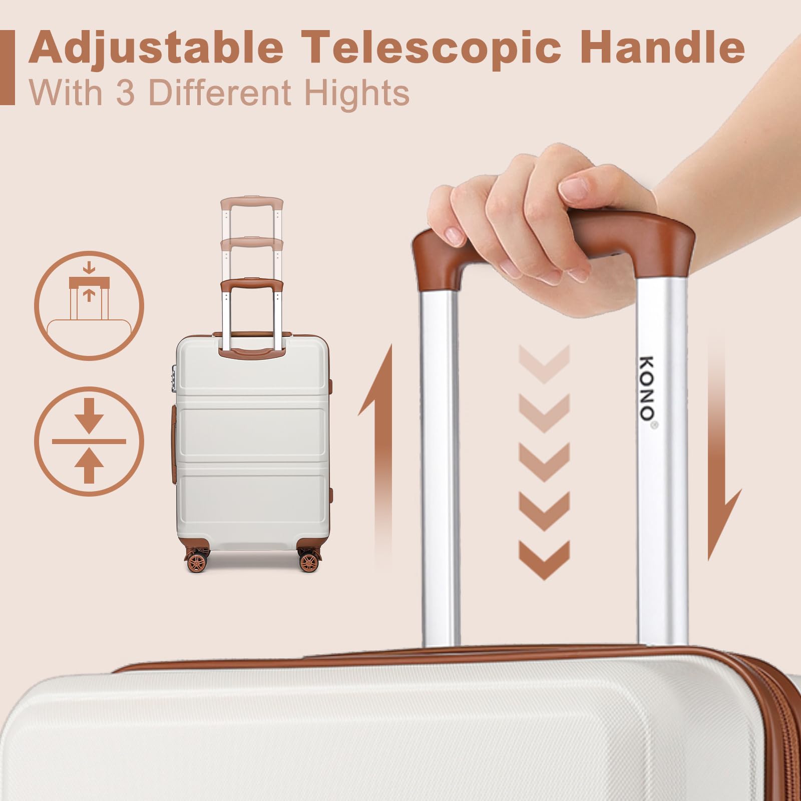 Kono Maleta de Mano Grande 23 Kilos Maleta Grande 75cm con Material ABS con Cerradura TSA y 4 Ruedas（L,Crema Claro）