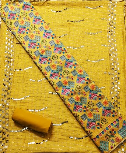 Image of AAHIRA Women's Printed Chanderi Unstitched Salwar Suit Dress Material With Sequins Work Dupatta(Free Size)