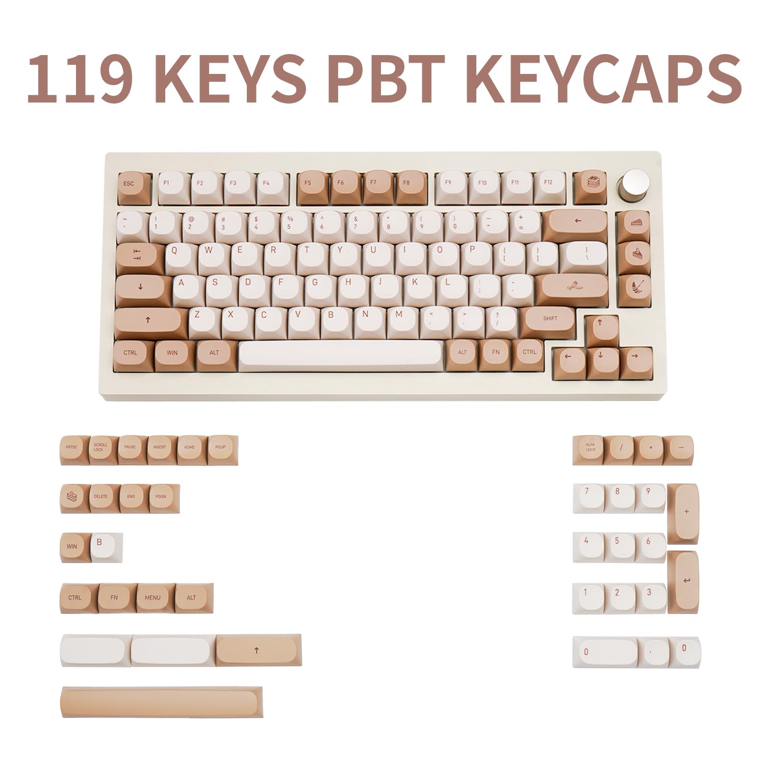 TIMSEKER 119 Keys Retro Minimalist Brown and Grey Keycaps, Custom MA Profile PBT Dye Sub Keycaps for ANSI Layout Cherry Mx Mechanical Keyboard (Only Keycap)