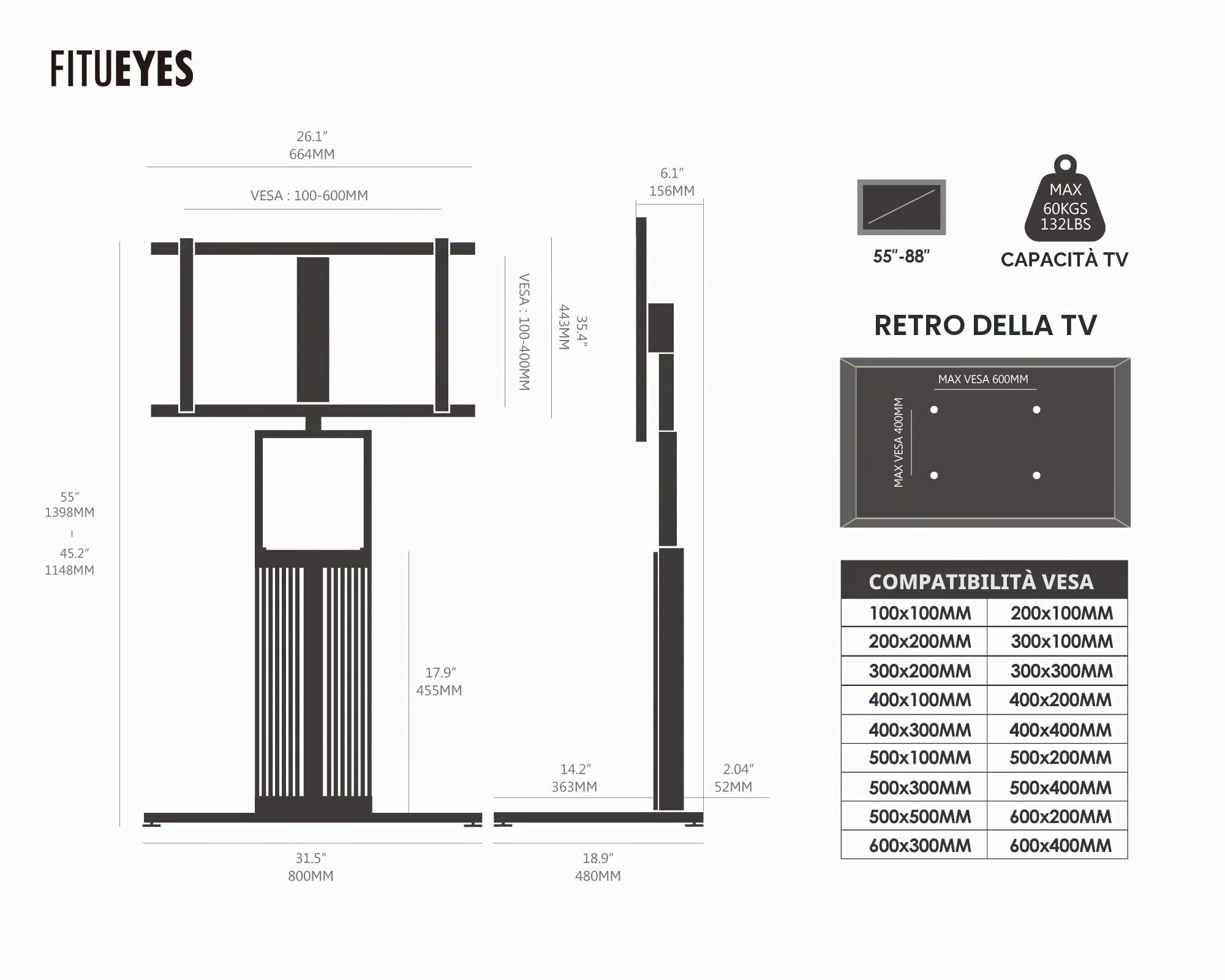 FITUEYES Supporto TV da Pavimento per 55" - 88" Regolazione Angolo ± 30° Porta TV da Terra Mobile Portata Massima 60kg Massimo VESA 600 * 400mm Serie ZEN