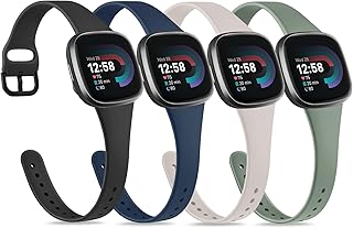 Tobfit Slim Sport Bands Compatible with Fitbit Versa 4 Bands / Fitbit Versa 3 Bands / Sense Bands / Fitbit Sense 2 Watch Bands for Women Men, Soft Liquid Silicone Waterproof Straps Replacement Wristbands (4 Pack)