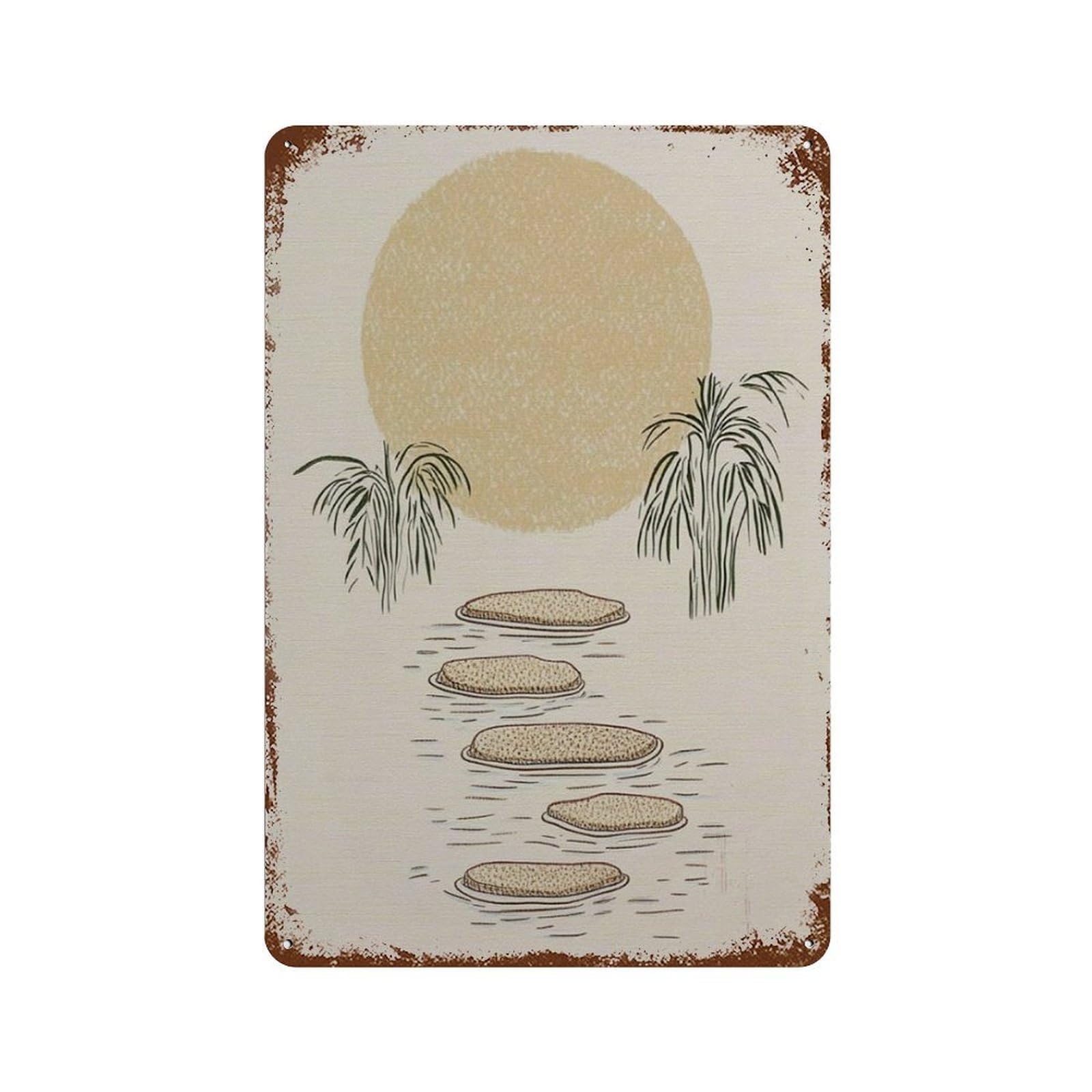 xiaoxiaoshen Minimal Zen Stepping Stones Neutral Landscape Calm Nature Wall Decor Art Metal Tin Poster Modern Home Decor Art Home Bar Shop Decorations Vintage Sign 30x20cm