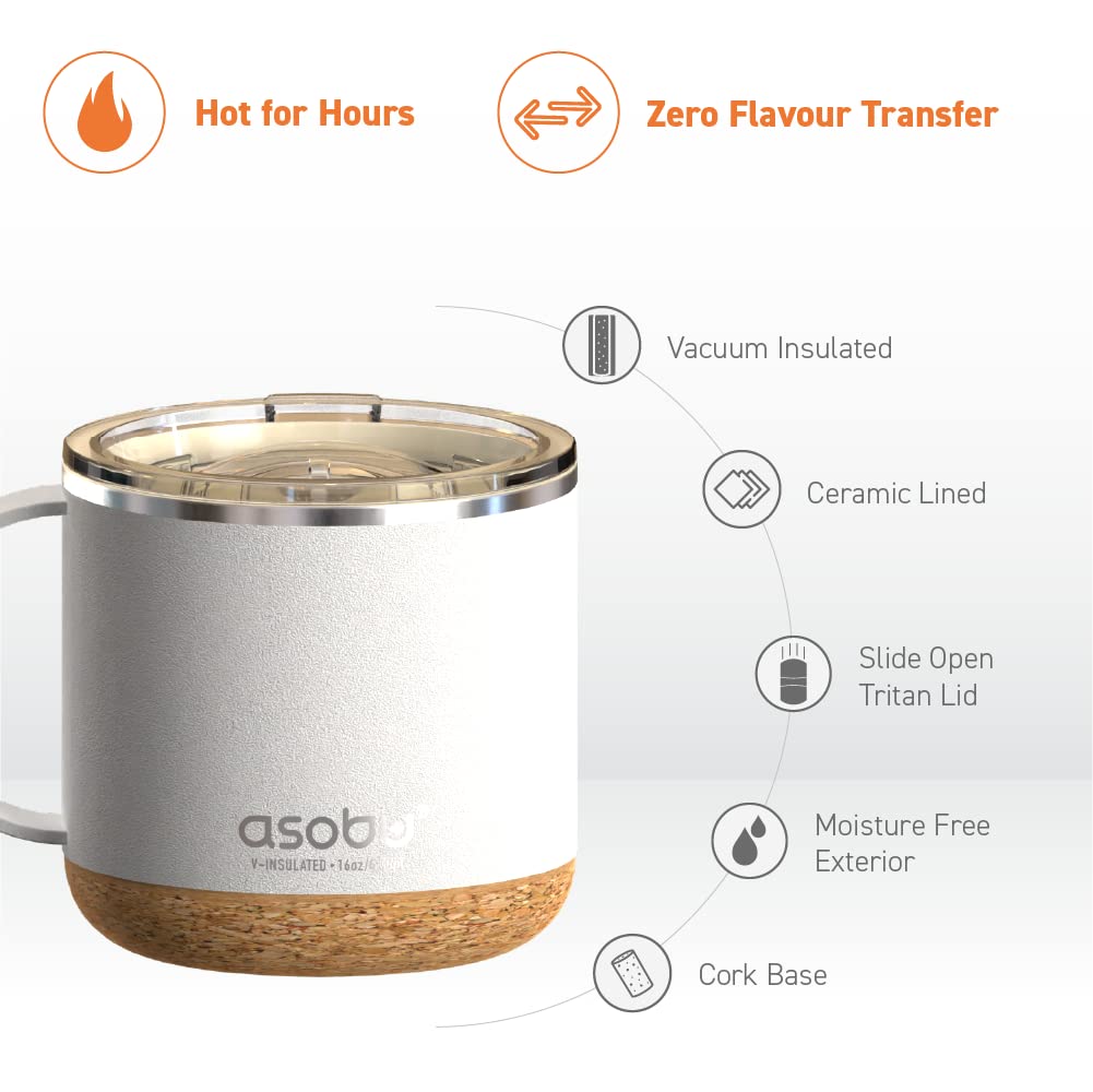 asobu Infinite Tasse à café isotherme en acier inoxydable avec revêtement intérieur en céramique et dessous de verre en liège