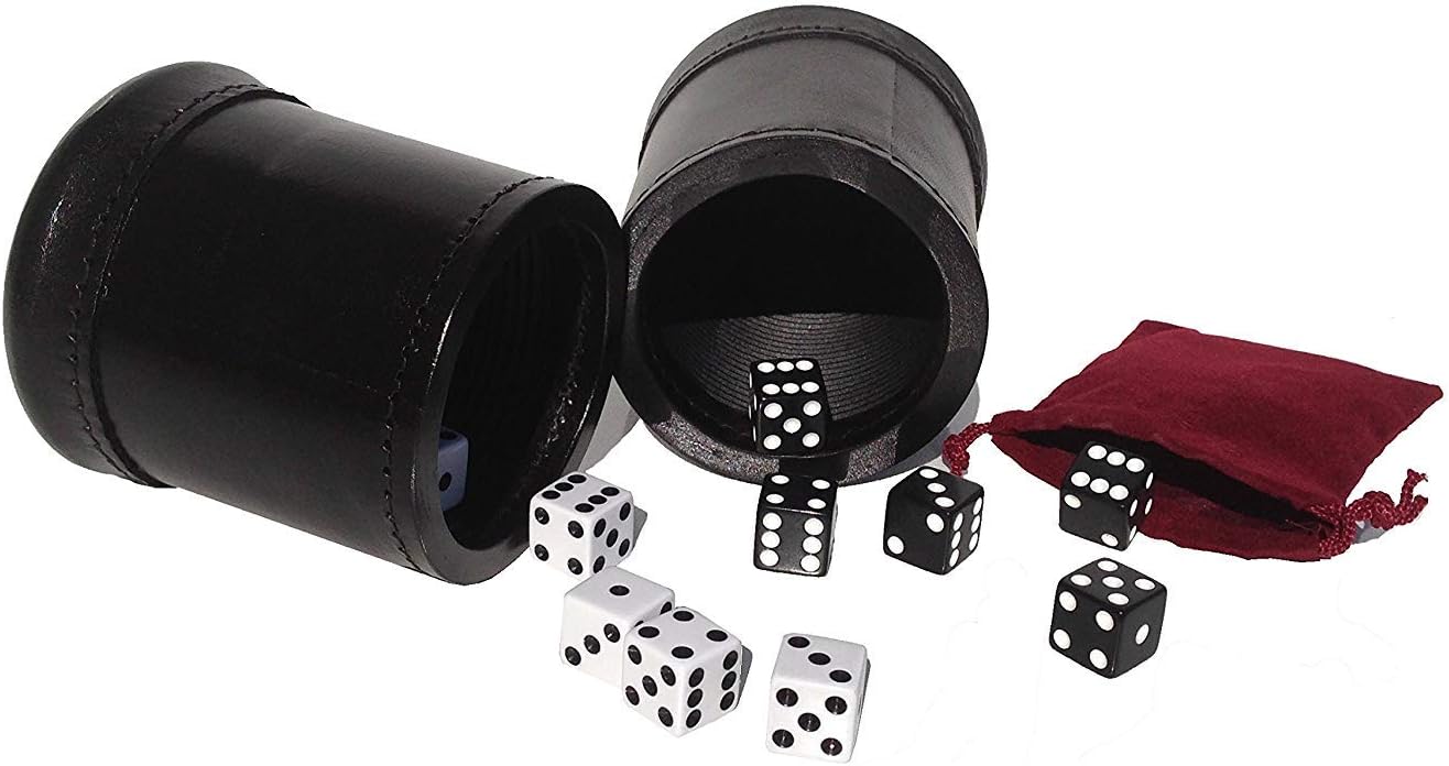 Golden Gate Dice Cup Set of 2 with 10 Tuxedo Dice, a Drawstring Pouch and a Book of Dice Games (Includes Liar's Dice) (Dice Cup Set with Personalized Brass Plates)