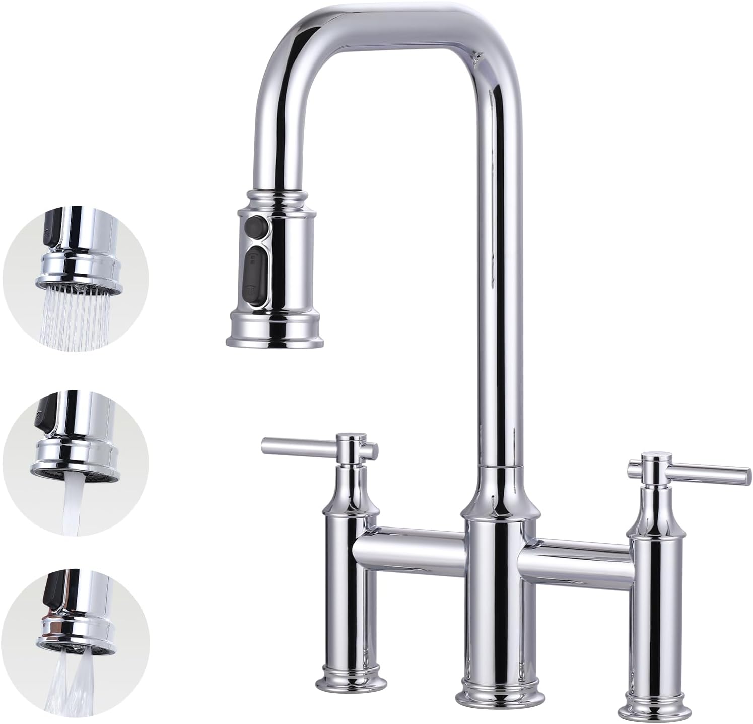 Bridge Faucet for Kitchen Sink Chrome: 3 Hole Solid Brass Farmhouse Kitchen Faucet with Pull Down Sprayer, 2 Handle 8 Inch Centerset High Arched Faucet with 360° Swivel Spout