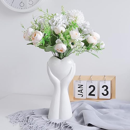 Jarrón de corazón creativo de mano, jarrón de cerámica blanca de 9 pulgadas de alto, jarrón de cuerpo de arte moderno, florero para decoración del
