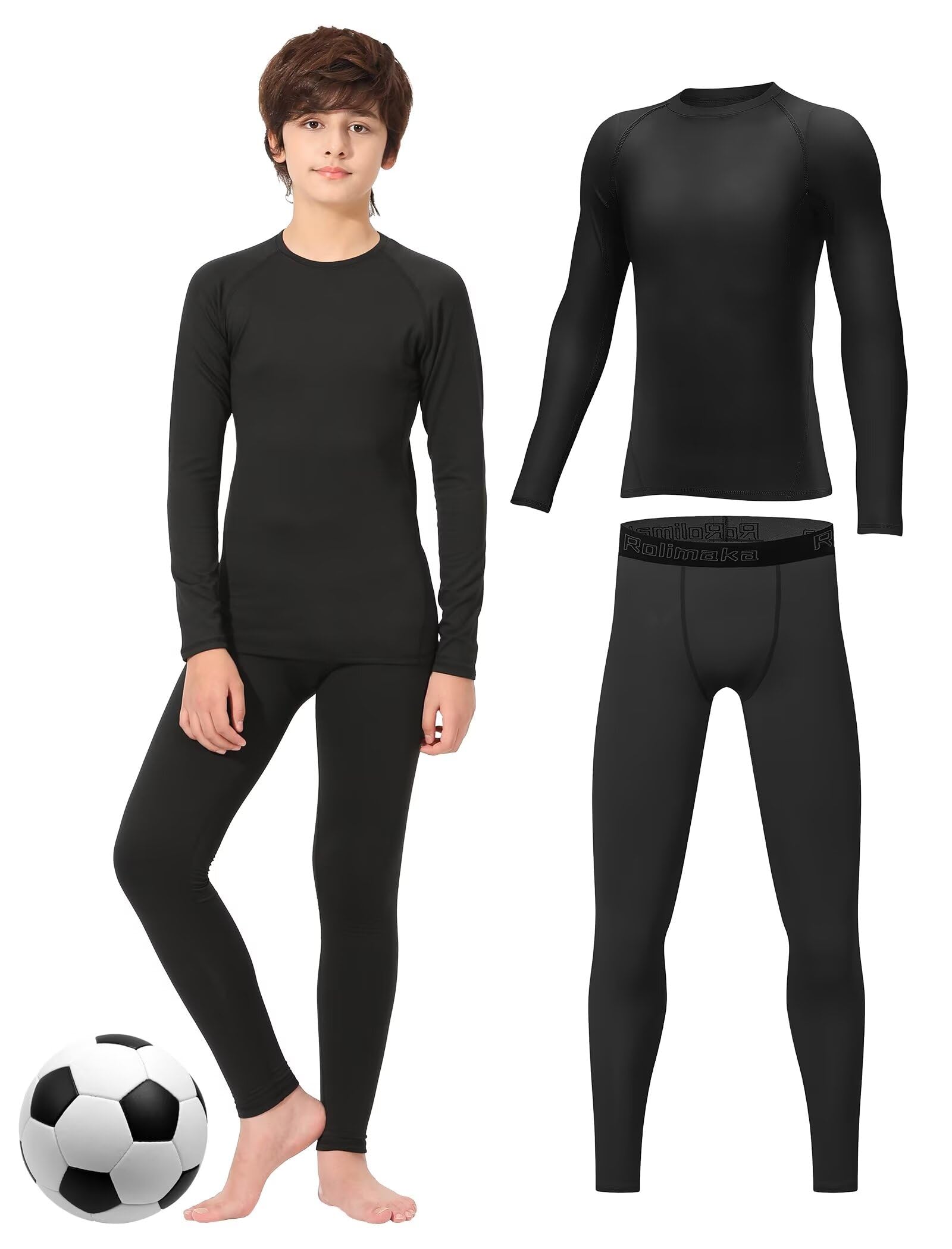Rolimaka Sous-vêtements fonctionnels à manches longues pour enfants - Survêtement de football - Respirant - Sous-vêtements de ski - Ensemble chaud pour l'entraînement, le ski, le cyclisme