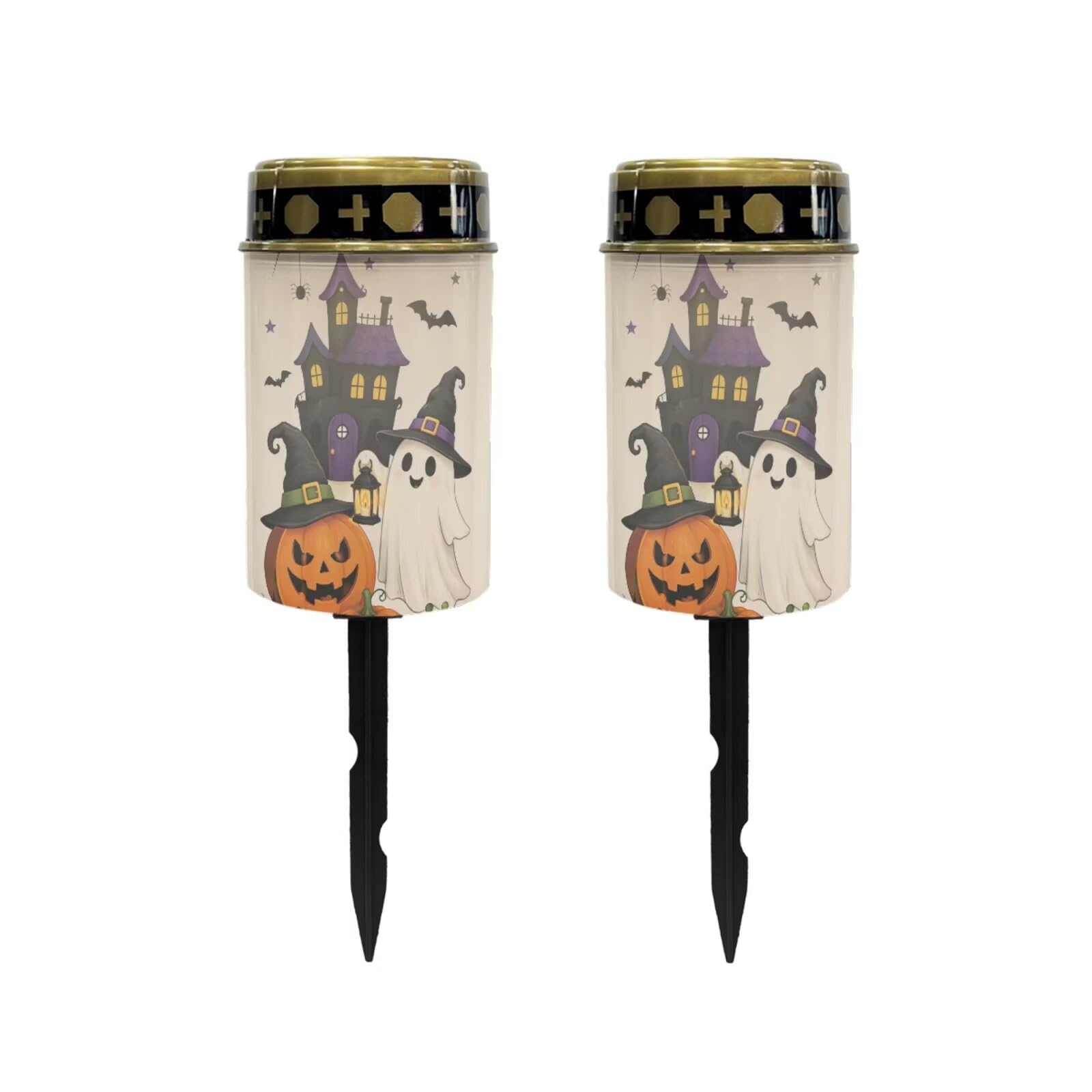 Poceacles Solar Lights Outdoor Solar Powered Outdoor Cemetery Stake Candle Grave Lamp Landscape Lighting Halloween Grave Flameless Candle, Pumpkin Ghost Print Beige, Pack of 2