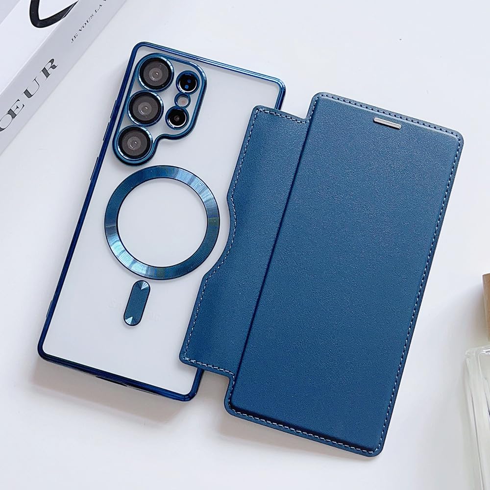 Étui à rabat transparent bleu marine pour Samsung S24 Plus chic
