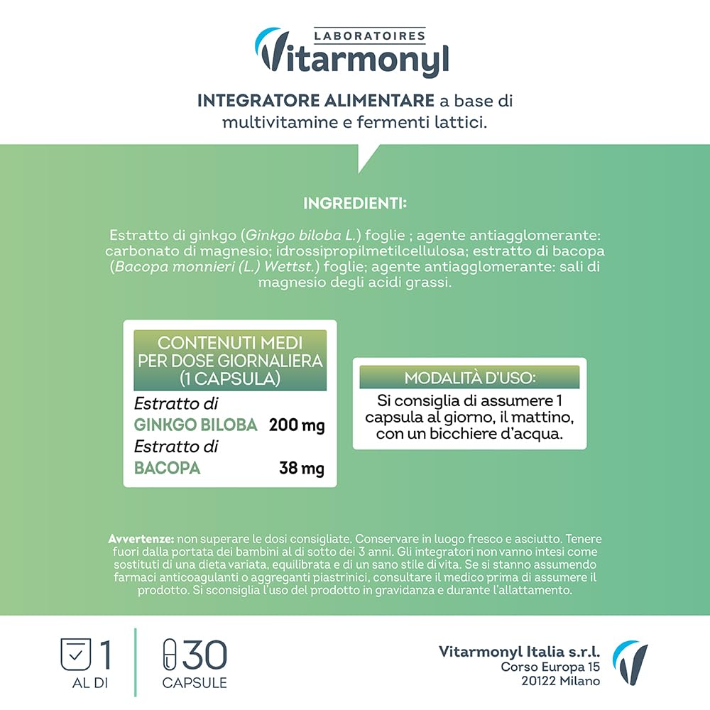 Memoria e Concentrazione - Integratore Alimentare con Ginkgo Biloba e Bacopa - Favorisce la Memoria e la Concentrazione - Benessere Mentale - Antiossidante - 30 capsule - Vitarmonyl