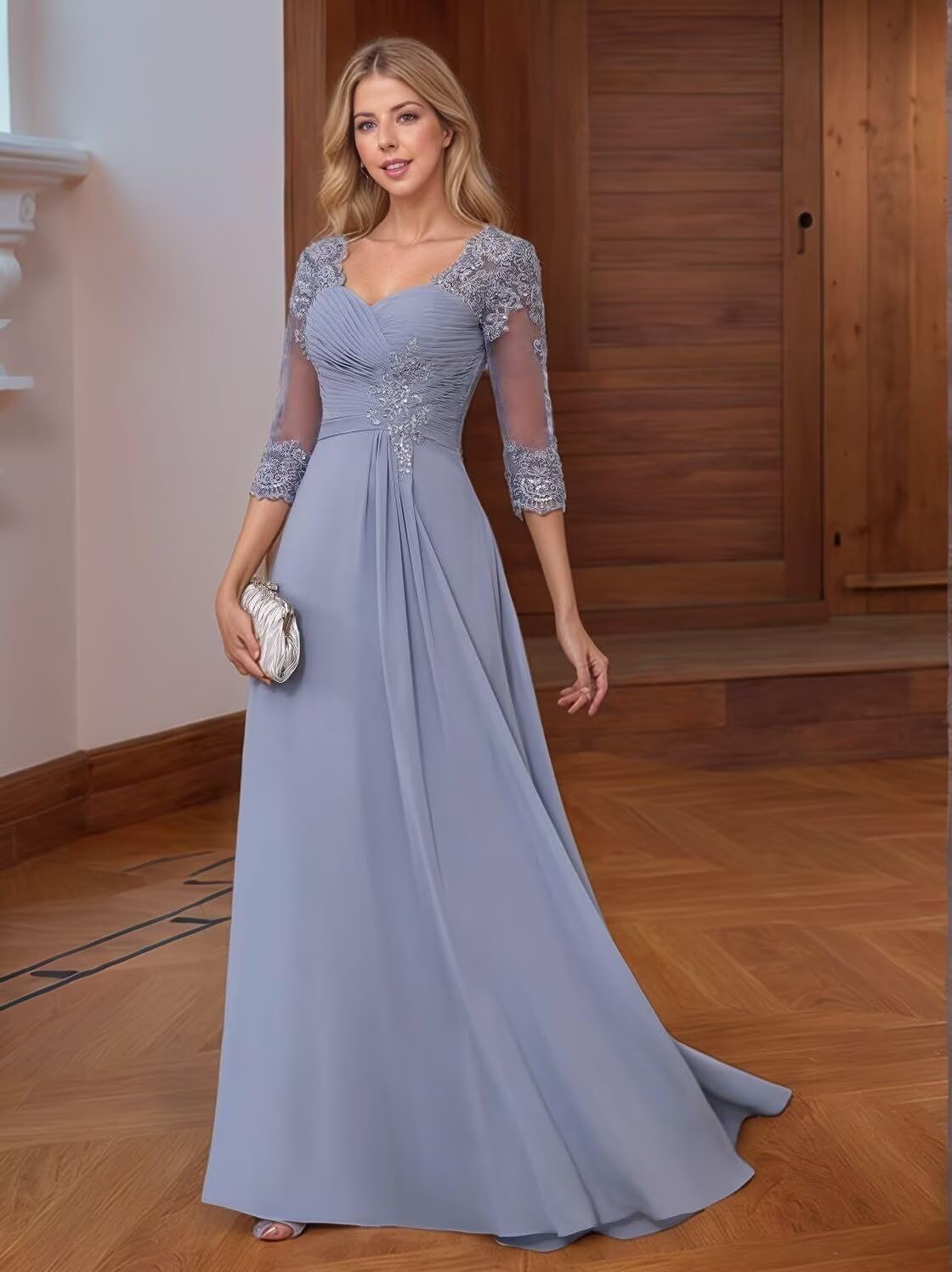 Mother of The Bride Dresses for Wedding with Sleeve Lace Appliques Chiffon Formal Gowns Backless LW154