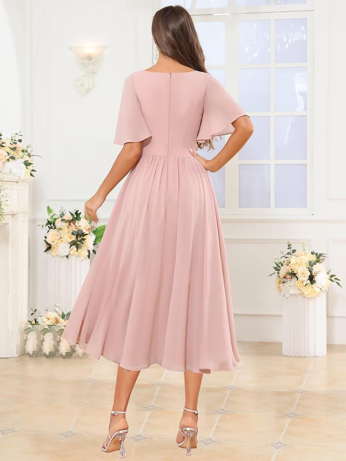 Mollyevers V Neck Mother of The Bride Dresses Tea Length Chiffon Flutter Sleeve Bridesmaid Dress with Pockets