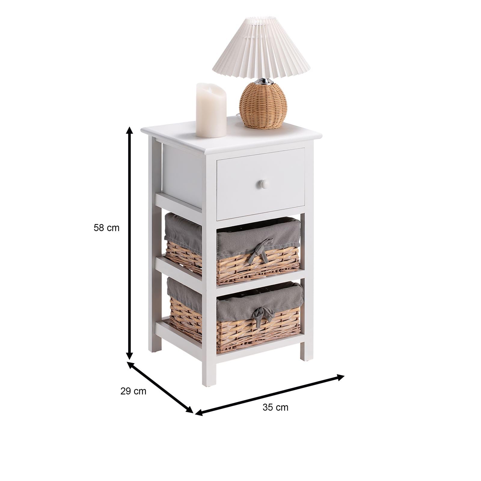 IDIMEX Cassettiera ARBO con 4 cesti in giacinto d'acqua, cassettiera in legno Paulownia di alta qualità, scaffale laccato grigio