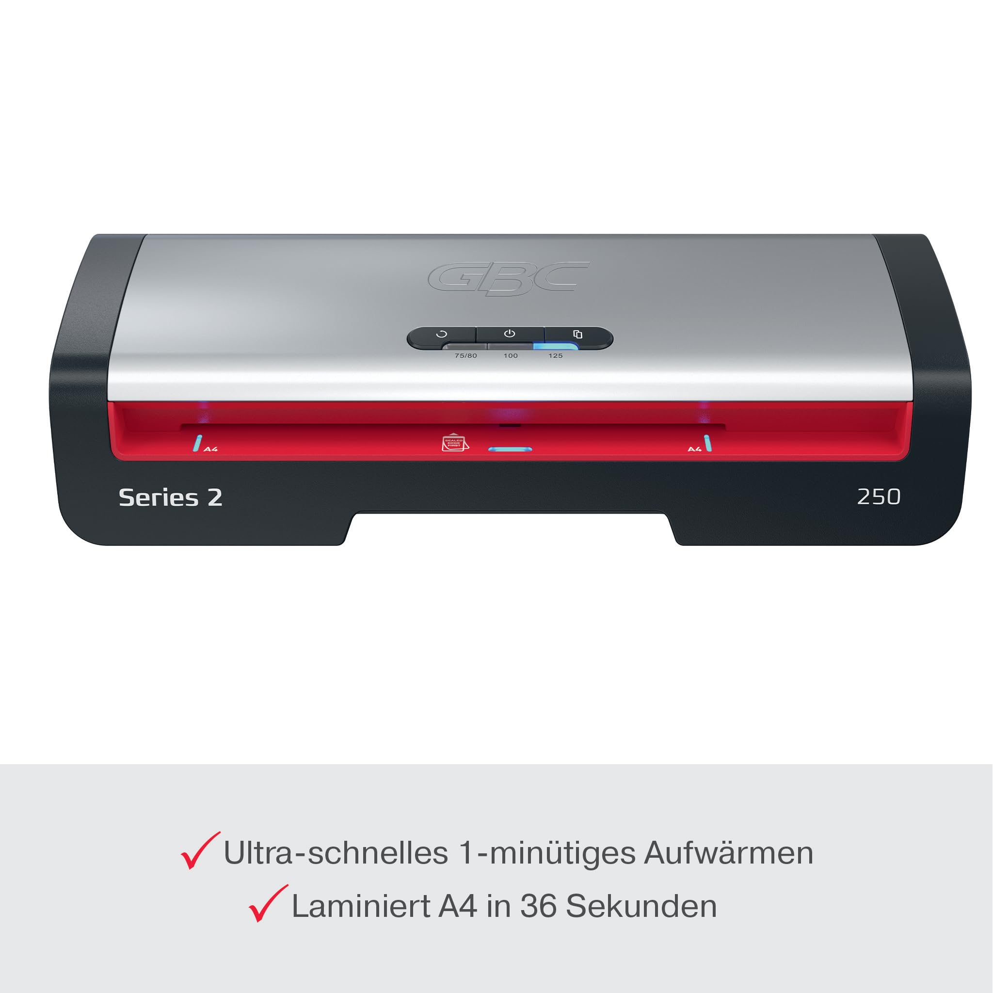 GBC 250 Office - Plastificatrice A4, versione Svizzera, riscaldamento rapido in 1 min, 75-125 micron, accesso facilitato a LED, con 5 custodie per plastificatrici A4, nero/rosso, tipo J, 4410070CH