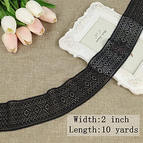 Idongcai Elastic Lace Trim For Crafts Lace Ribbon Lace Fabric Stretch Sewing Lace Trim (Black, 2"×10 Yards) #TOP1