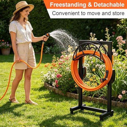 VyGrow Garden Hose Holder, Freestanding Heavy Duty Water Hose Holder for Outside, Upgraded Metal Hose Stand with 4 Spikes, Detachable Garden Hose Storage Hose Reel Rack, Black - Thumbnail 5