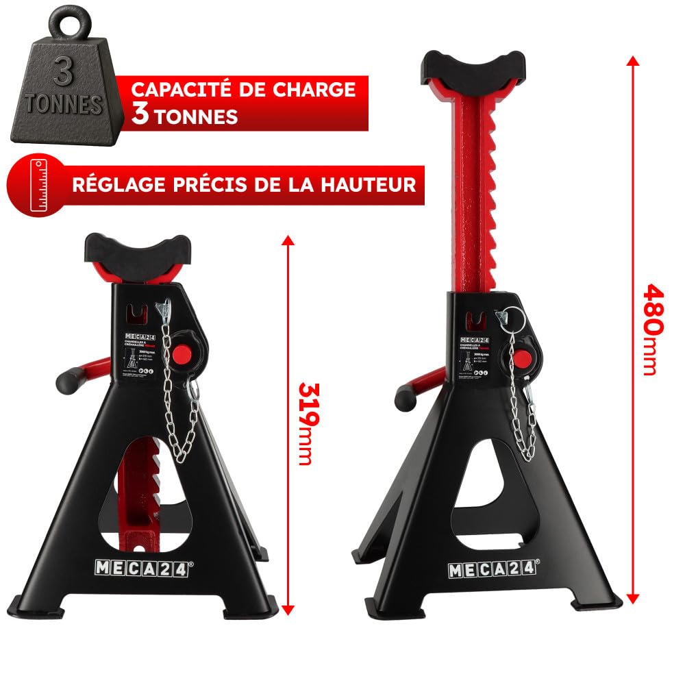 MECA24 Jeu de 2 chandelles Hautes 3 tonnes - Chandelles Voiture Utilitaire - Système à crémaillère - Ht 319 à 482mm Max - Poignée Acier