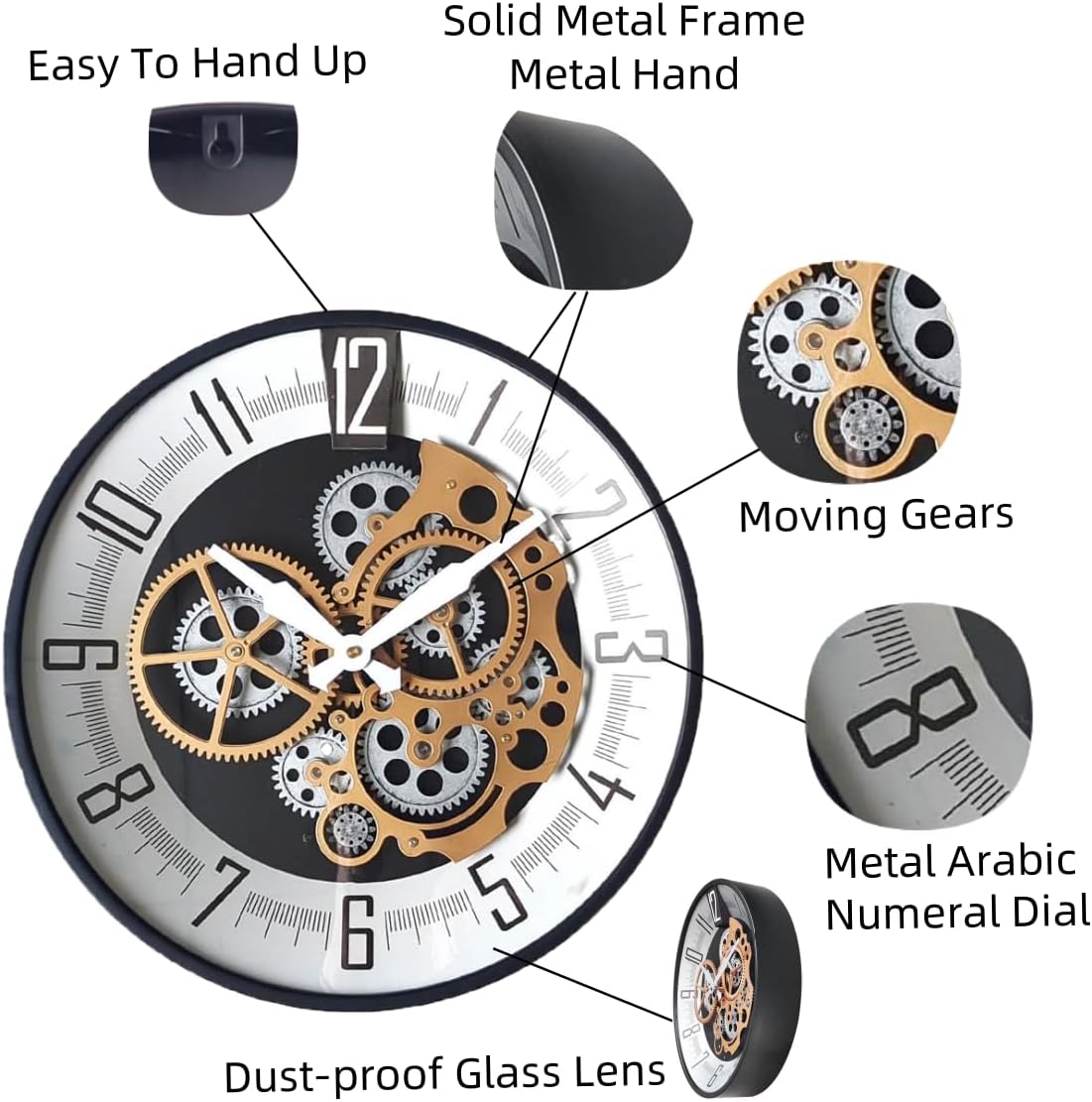 Industrial Wall Clock, Non-Ticking Vintage Moving Gear Battery Operated Original Antique Steampunk Decor Metal Clock for Living Room, Farmhouse, Home Kitchen (Gold-16 inch, 16 inch)