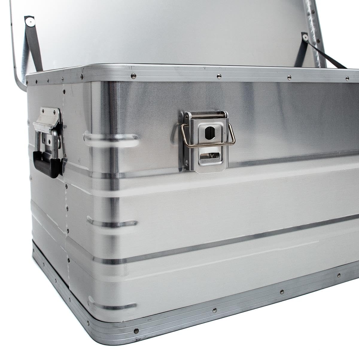Alu Transportbox 95L – Robuste Aluminiumkiste 77,5×42,4×33,3 cm, IP54 staub- & spritzwassergeschützt, stapelbare Werkzeugbox mit Deckeldichtung & Sicherheitsgriffen für Werkstatt, Camping & Transport