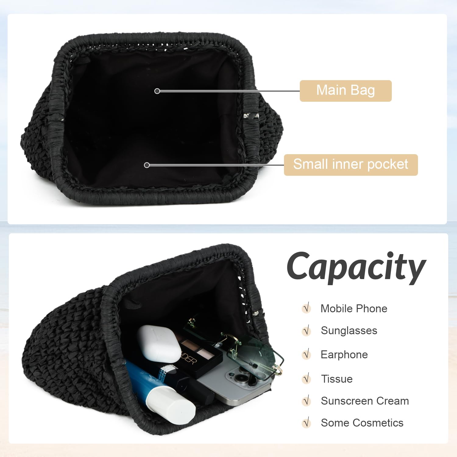 EVEOUT Clutch de Paja Mujer Bolso Nube de Boda Fiesta Paja con Cadena Bolsos bandolera Tejido para Vacaciones Playa
