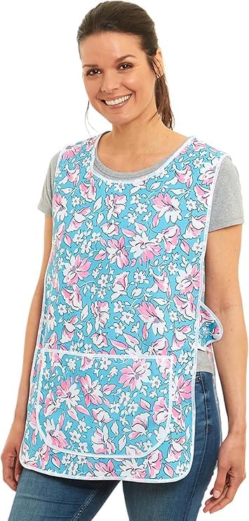 TIE & DINE Floral Tabard Apron for Women with Pockets - UK Made Polyester Cleaning Overalls in Pink, Navy, Blue & Aqua UK Size S to 3XL (Aqua, L)