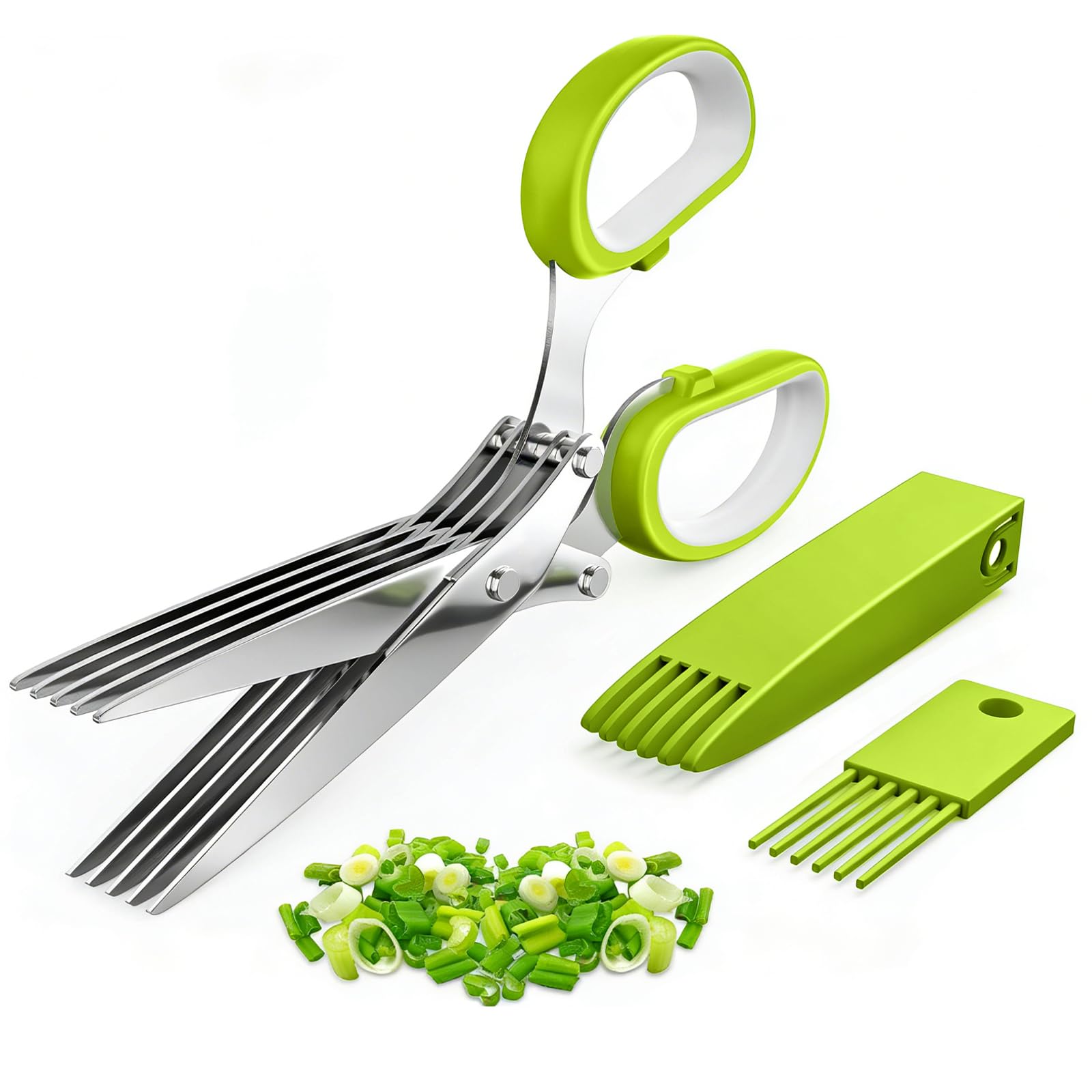 Stainless Steel Herb Scissors with 5 Blades, Knife Scissors, Cheese Scissors, Herb Cutter, Salad Kitchen Scissors, Multifunctional Kitchen Scissors with Safety Cover and Cleaning Comb (Green)