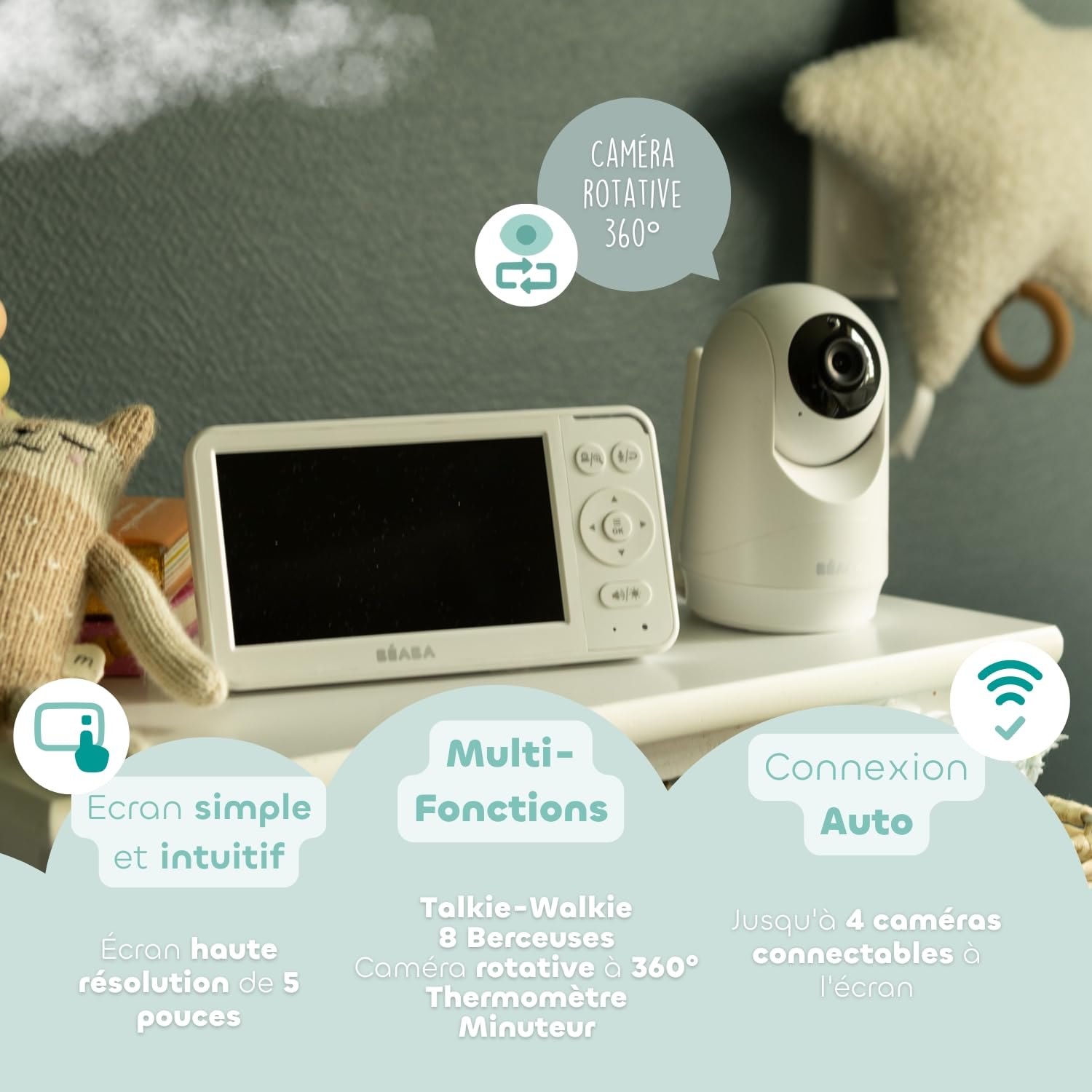 BÉABA, Babyphone Camera Zen Plus 2 – Caméra Rotative 360°, Écran 5 Pouces HD, Vision Nocturne, Talkie-Walkie, Thermomètre, 8 Berceuses, Portée 300m, Autonomie 20h, 4 Caméras Connectables, Blanc