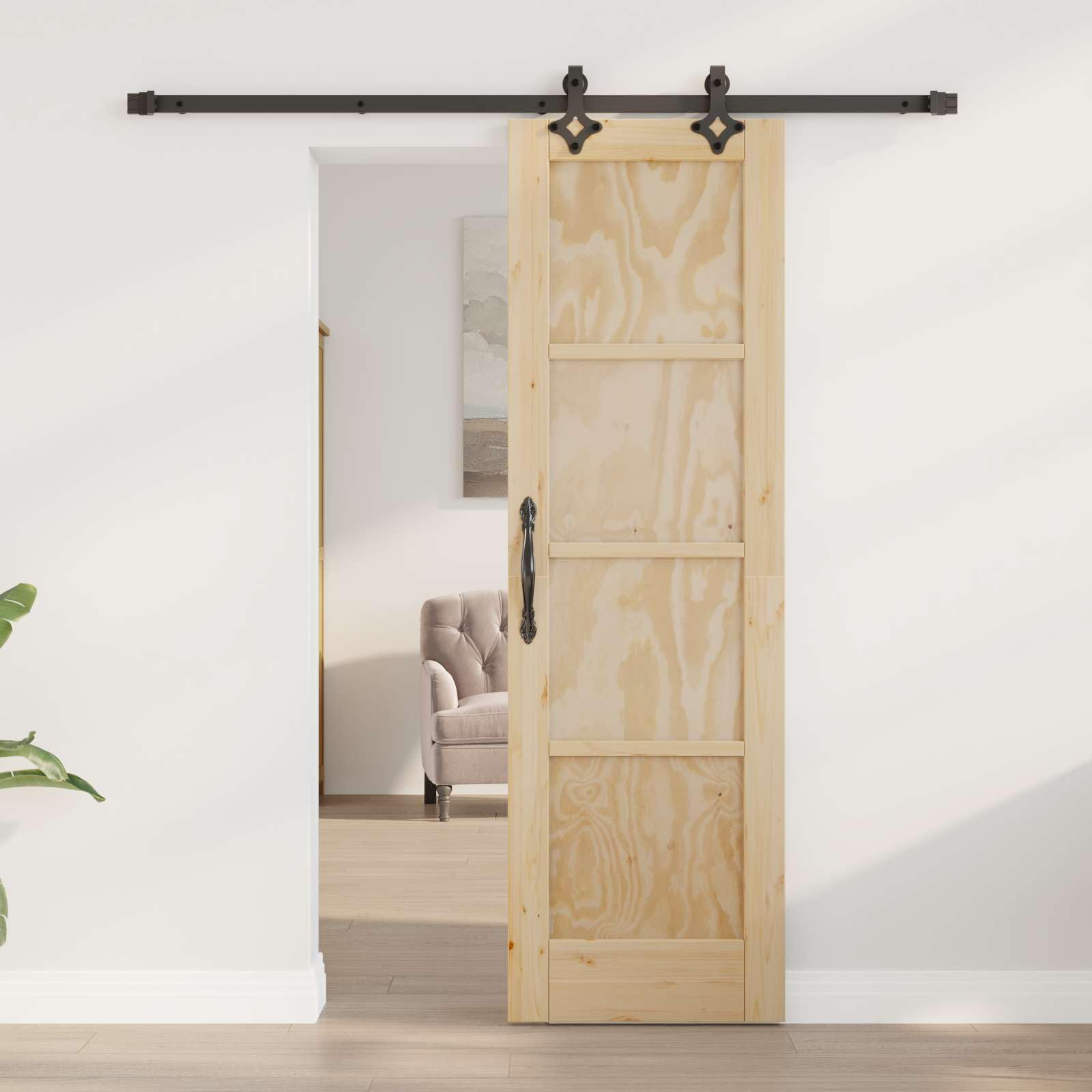 Mangloder - Porta scorrevole in legno di pino massiccio naturale e nero, 61 x 198,5 cm, con binario scorrevole in acciaio verniciato a polvere, salvaspazio, per interni, con meccanismo scorrevole