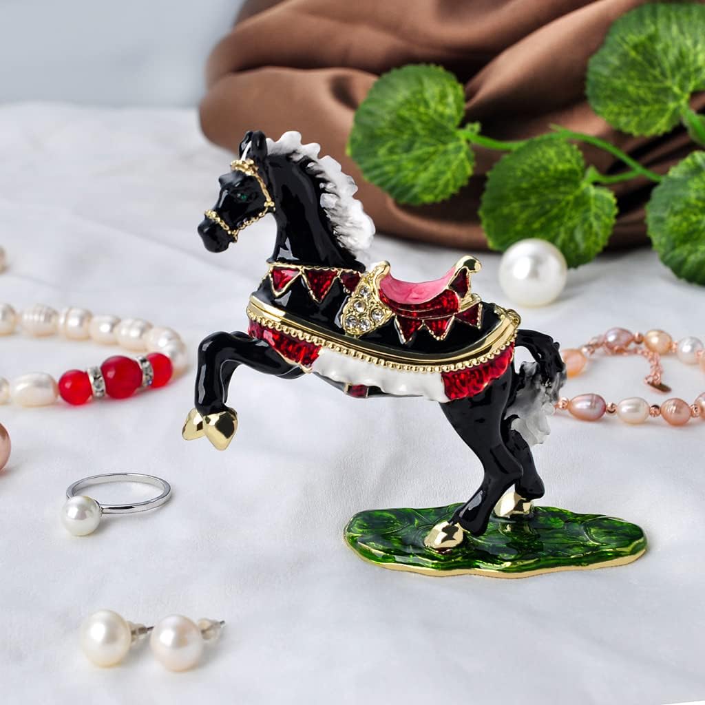 Golden Crystal Enameled Horse Jewelry Box | Hand-Painted Hinged Circus Draft Horse Trinket Box, Elegant Home Décor & Unique Gift for Horse Lovers
