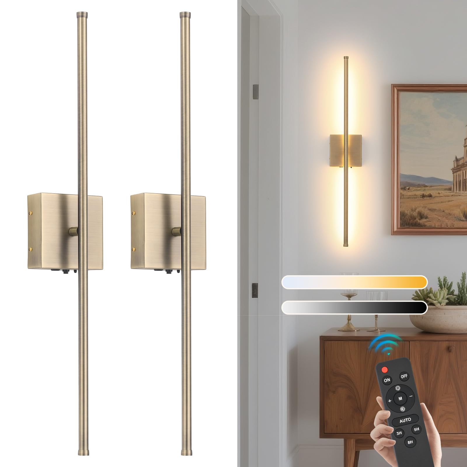 Battery Operated Wall Sconces set of 2, 11000mAh Rechargeable Brushed Bronze Wireless Wall Lights, 350°Rotate Dimmable Wall Lamp with Remote, 3 Color Temperatures, for Bedroom, Living Room, Hallway
