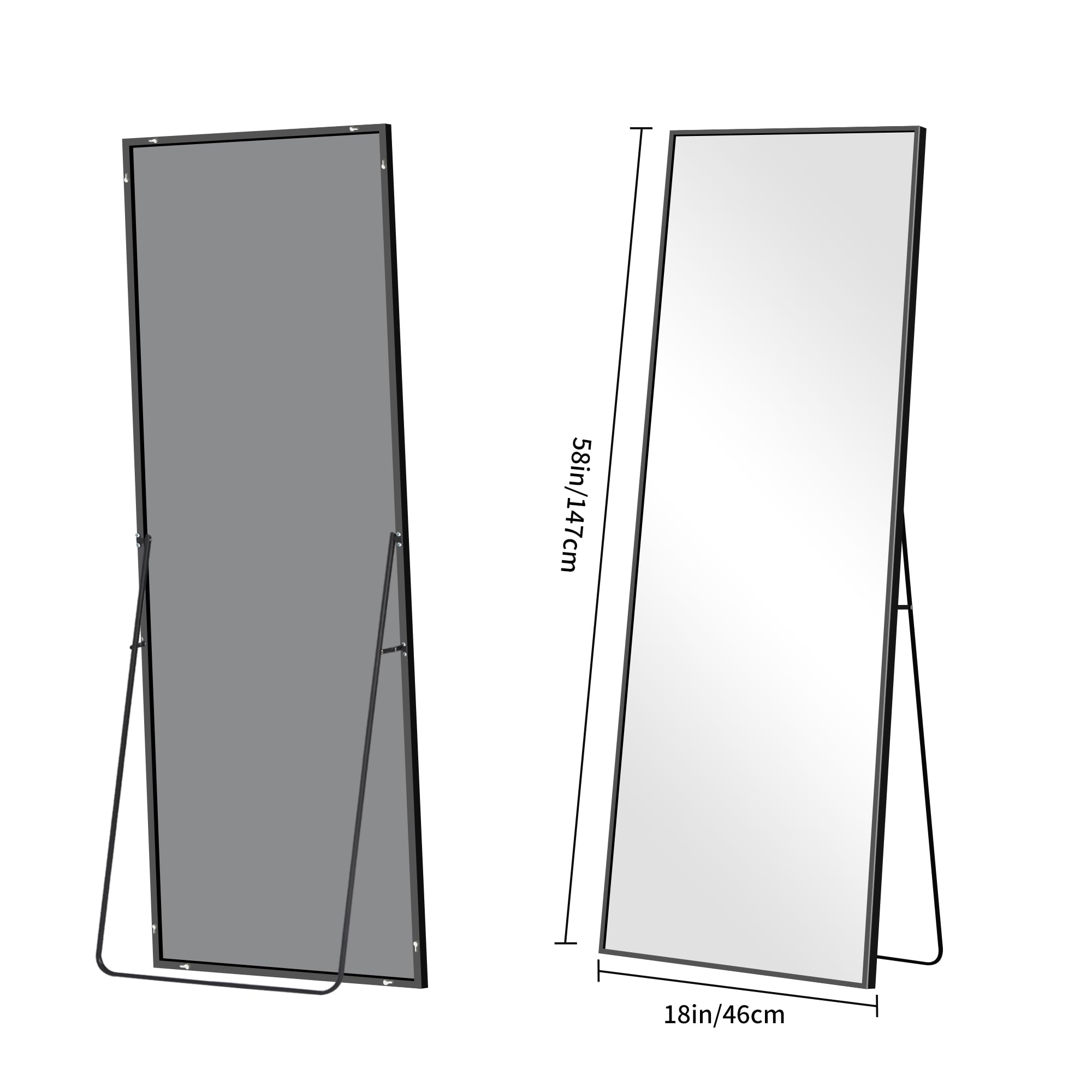 BONEWEI Specchio da Terra 147x44 cm, Specchio Rettangolare a Figura Intera con Cornice in Alluminio Nero, moderno grande specchio da parete in piedi o da appendere, per soggiorno, Spogliatoio