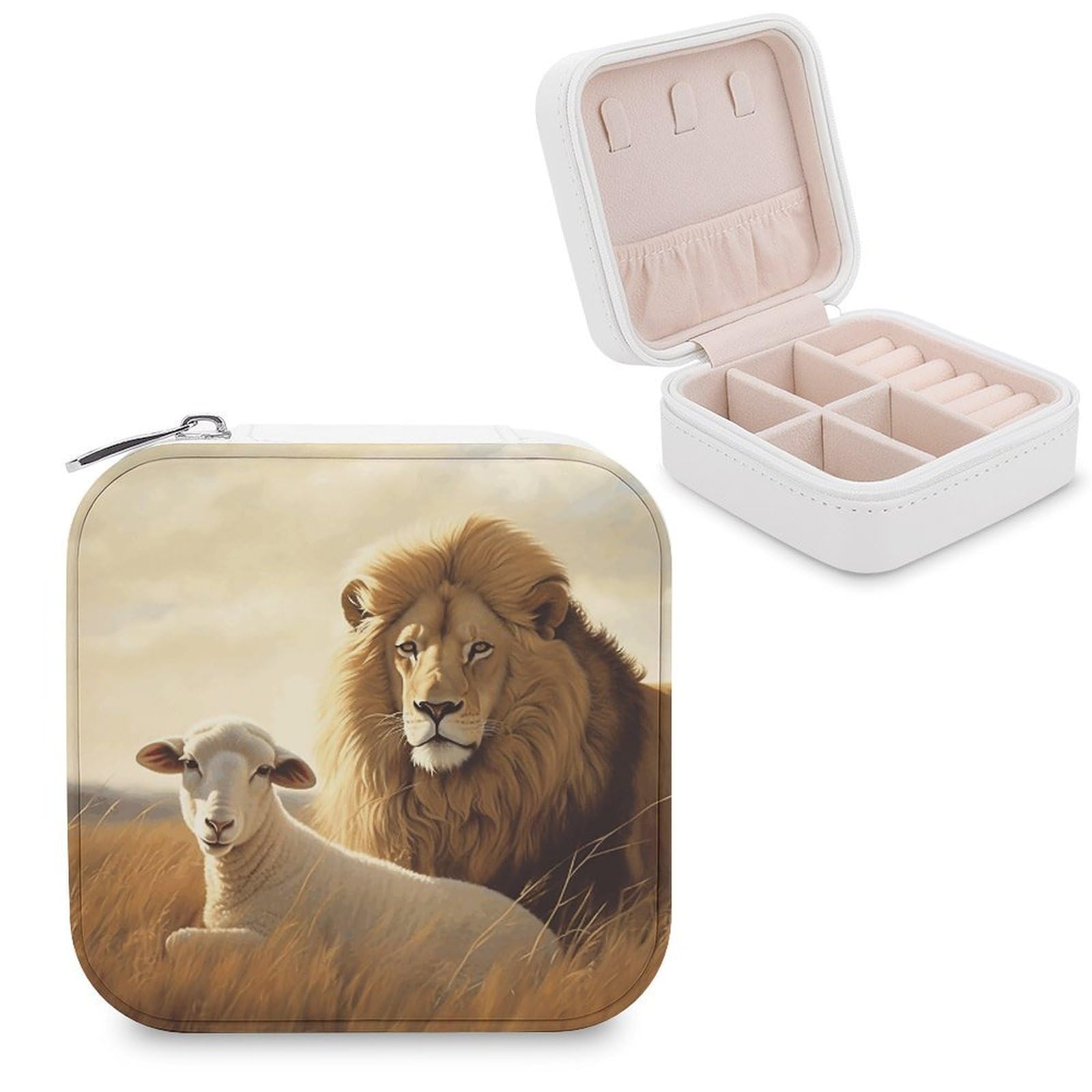 VstaDank Lion Sheep Jewelry Box Portable Mini Travel Case Display Storage Holder Boxes PU Leather Small Jewelry Organizer for Women for Stud Earrings Rings Necklaces Bracelets