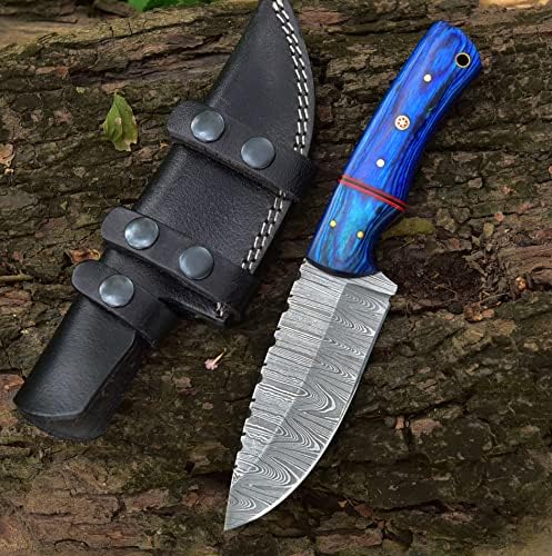 BRECOG Damascus Steel Fixed Blade Hunting Knife With Leather Sheath - 9.25 Inches Handmade Full Tang Survival Knife Outdoor Camping Knife P-305