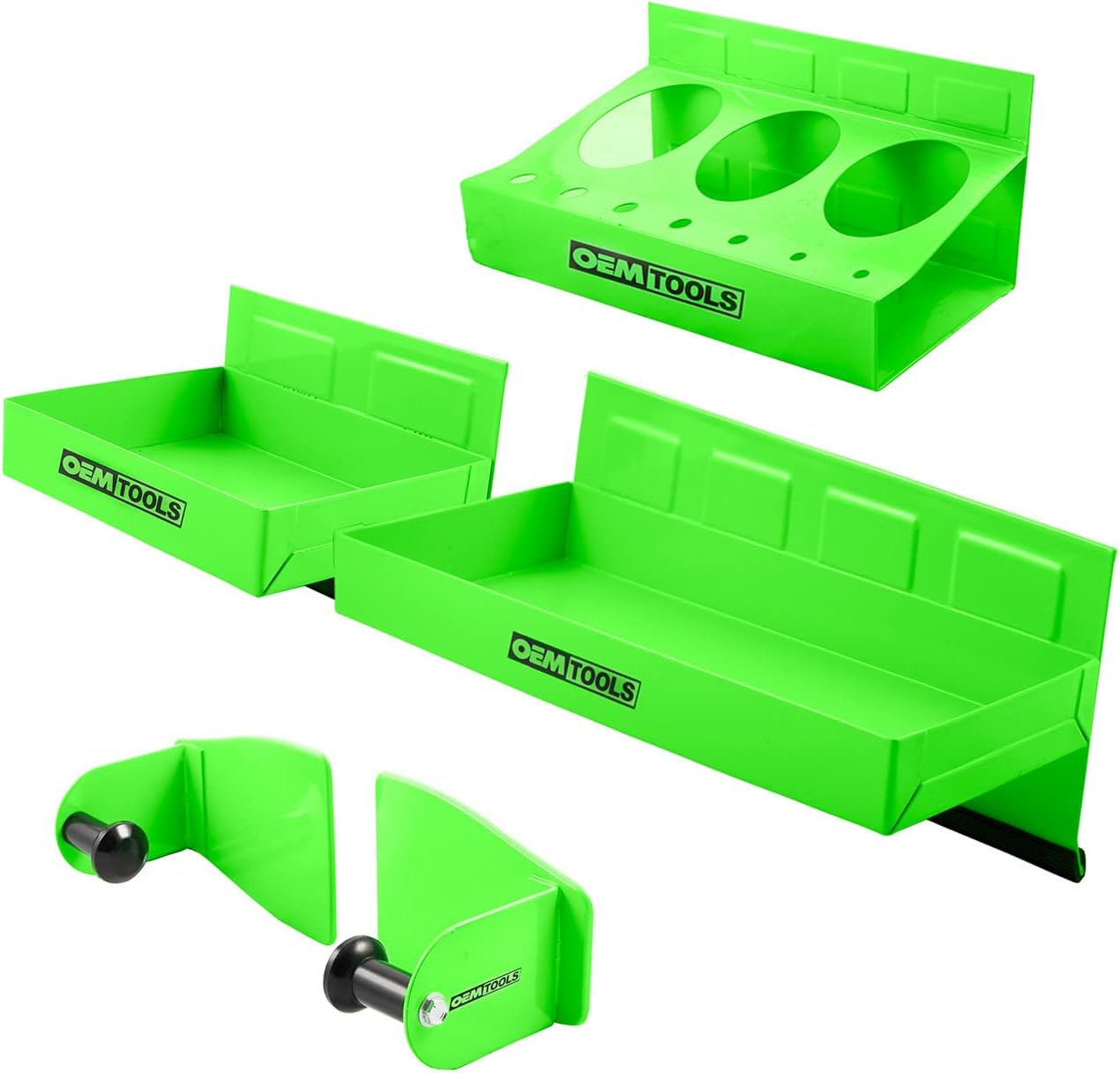 OEMTOOLS 24647 4 Piece Magnetic Tool Tray Set, Green Magnetic Tool Box Shelf Set, Magnetic Shop Tray Kit, Toolbox Trays and Paper Towel Holder
