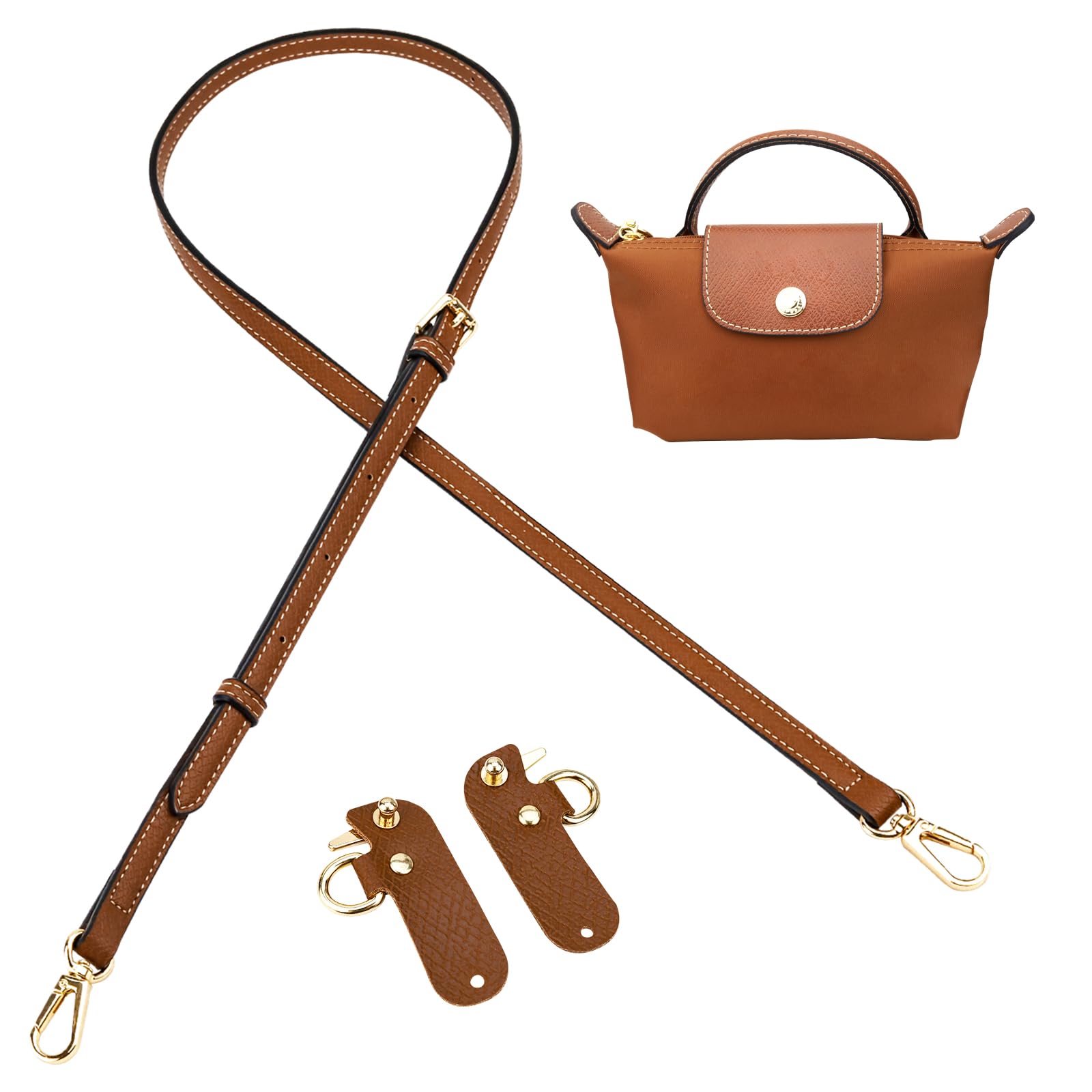 Mini Bag Strap Kit, Adjustable Cowhide Leather Shoulder Straps for Women’s Mini Bags, Punch-Free Adjustable Bag Straps for Handbags and Tote Bags (Brown)