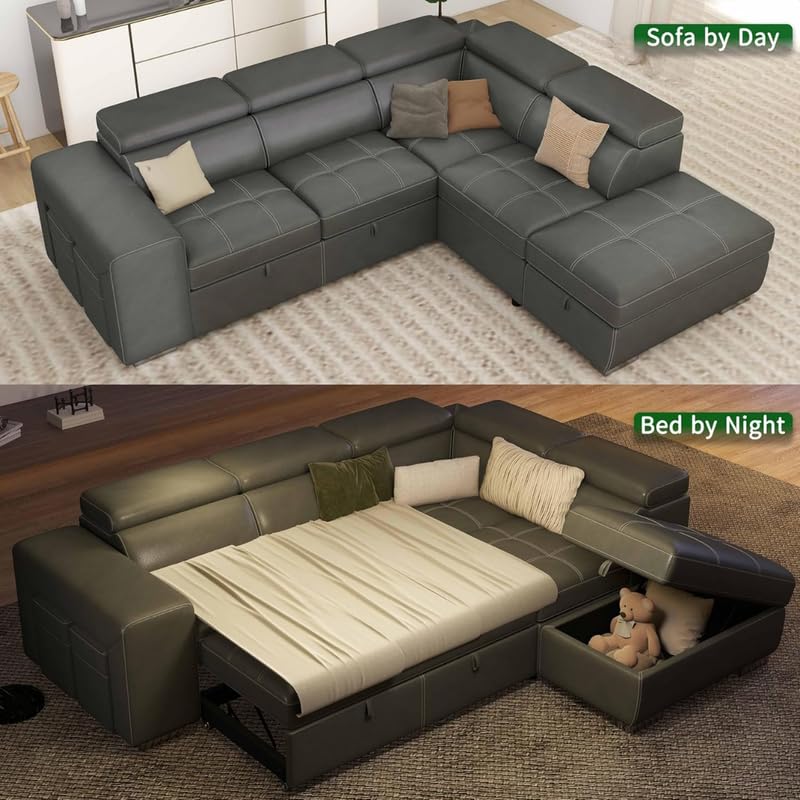 Image of Homax. - Rumi1L-Shaped Sectional Sleeper Sofa Couch in 5 piece with Pull-Out Bed, Storage Ottoman & Adjustable Headrests, Leatherette upholstered, Left-Facing Chaise, Beige