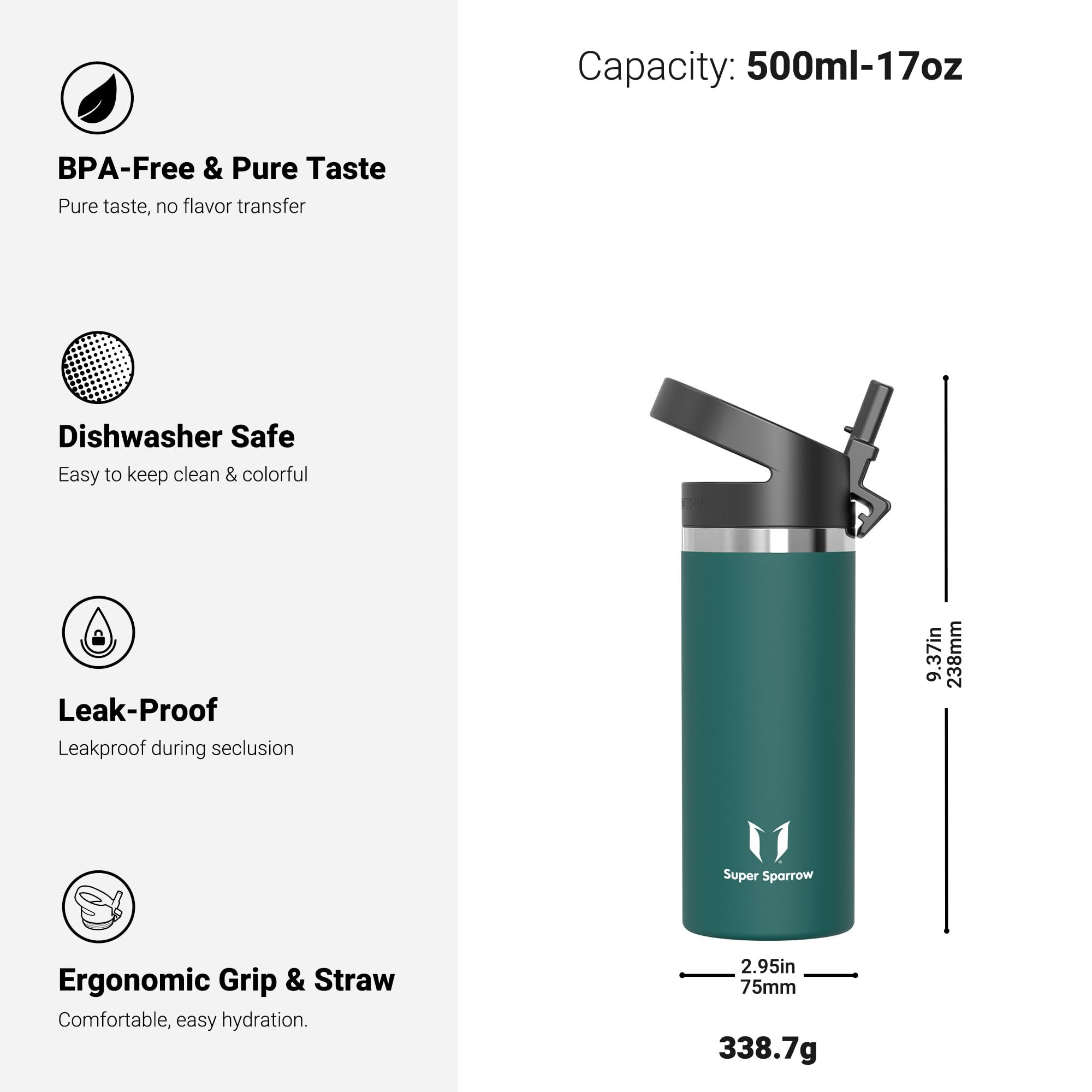 Super Sparrow Botella de Agua Acero Inoxidable - Botella Agua niños Boca Ancha con Paja 500ml - Sin BPA, para Gimnasio, Deporte, Oficina, Yoga, Ciclismo - 4