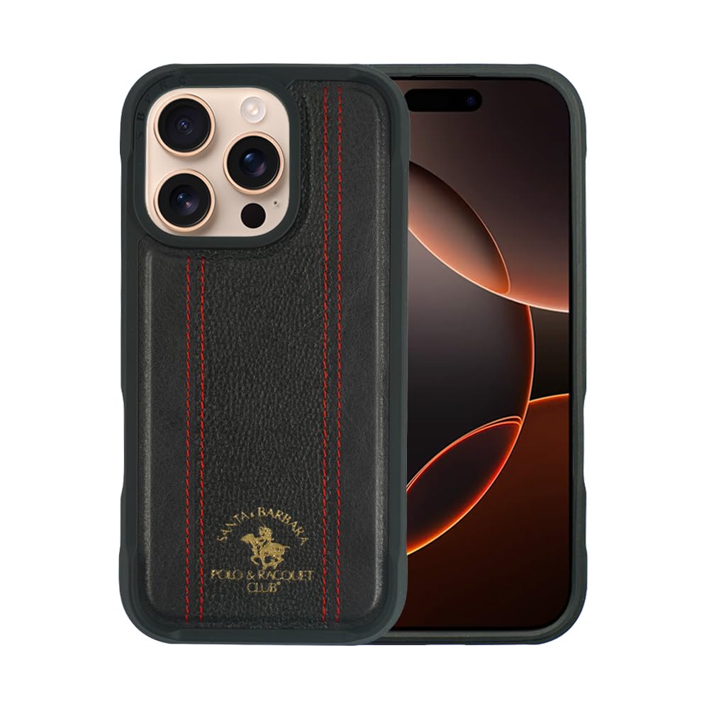Santa Barbara Polo & RacquetClub BARTON Series, Genuine Carbon Fiber Leather Phone Case for iPhone 16 Pro Max (Black)