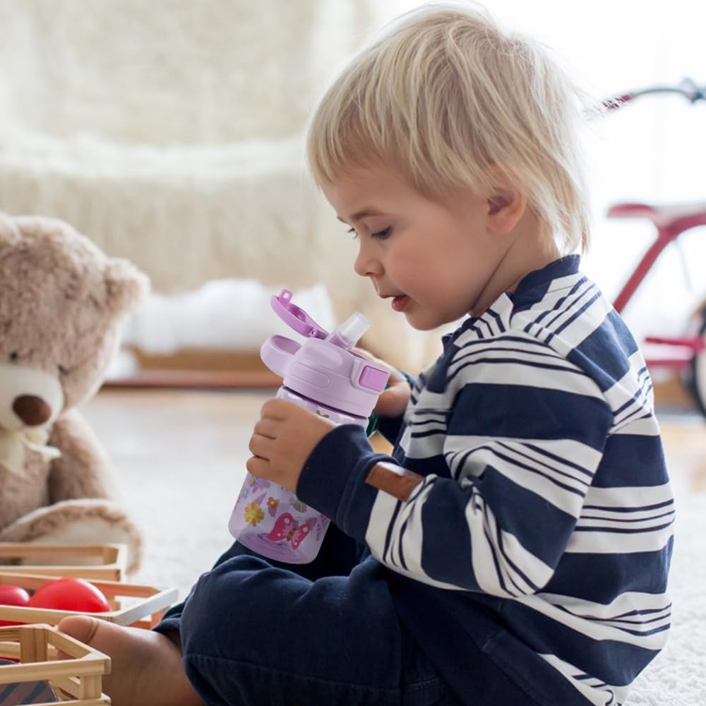 Gourde Enfant, 400ml, Robuste, Incassable, Anti Fuite, Sans BPA, Ouverture par Simple Pression, Facile à Nettoyer, avec Paille, Idéale pour l'École et l'Extérieur (Papillon) - 5