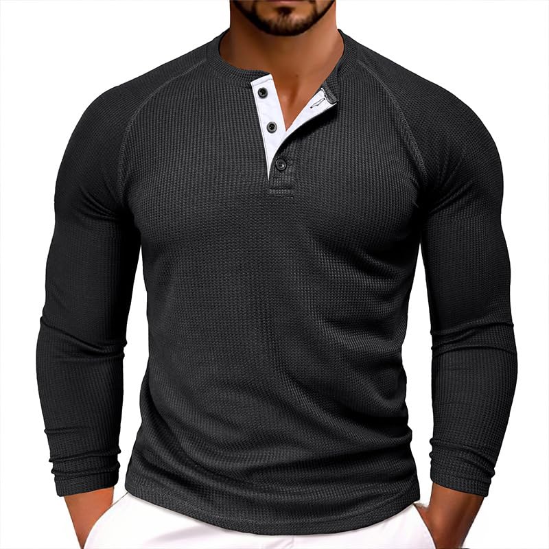 Men's Round Neck Waffle Long Sleeve Casual Henley Bottom T Shirt Fashion Pullover 3-Button Sweatershirt Basic