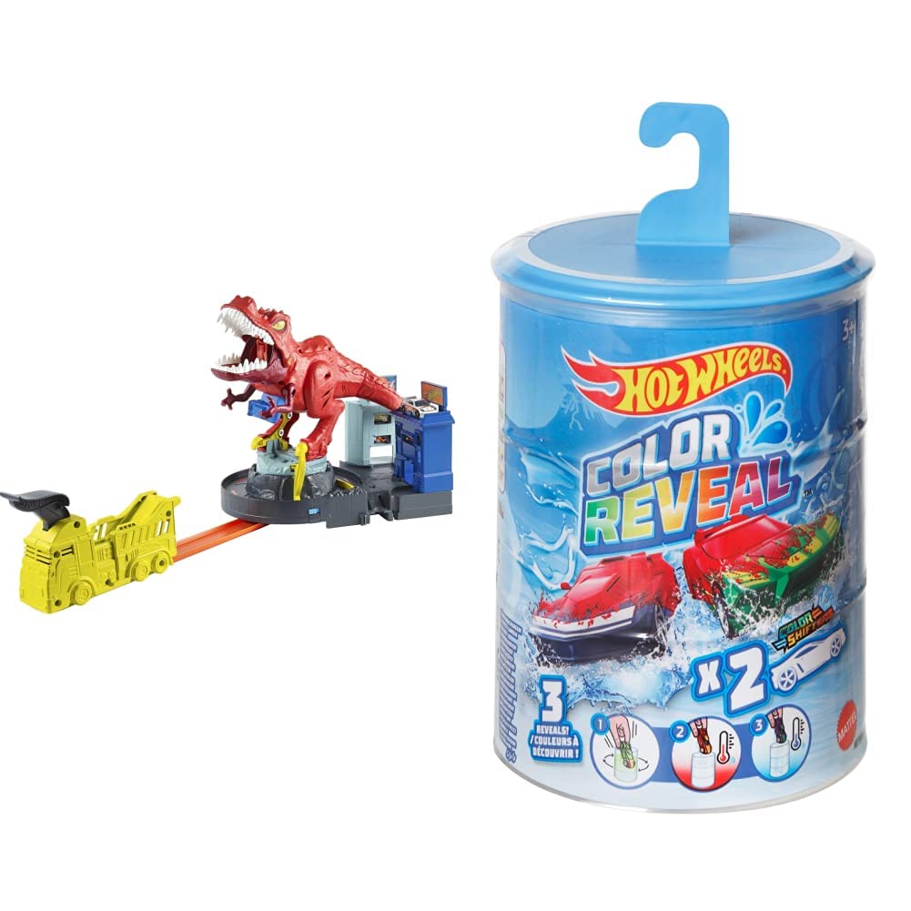 Hot Wheels T-Rex Rampage Play Set and , Set of 2 Color Reveal Cars in 1:64 Scale with Surprise Reveal & Repeat Color-Change in Very Warm & Icy Cold Water, Styles May Vary - GYP13