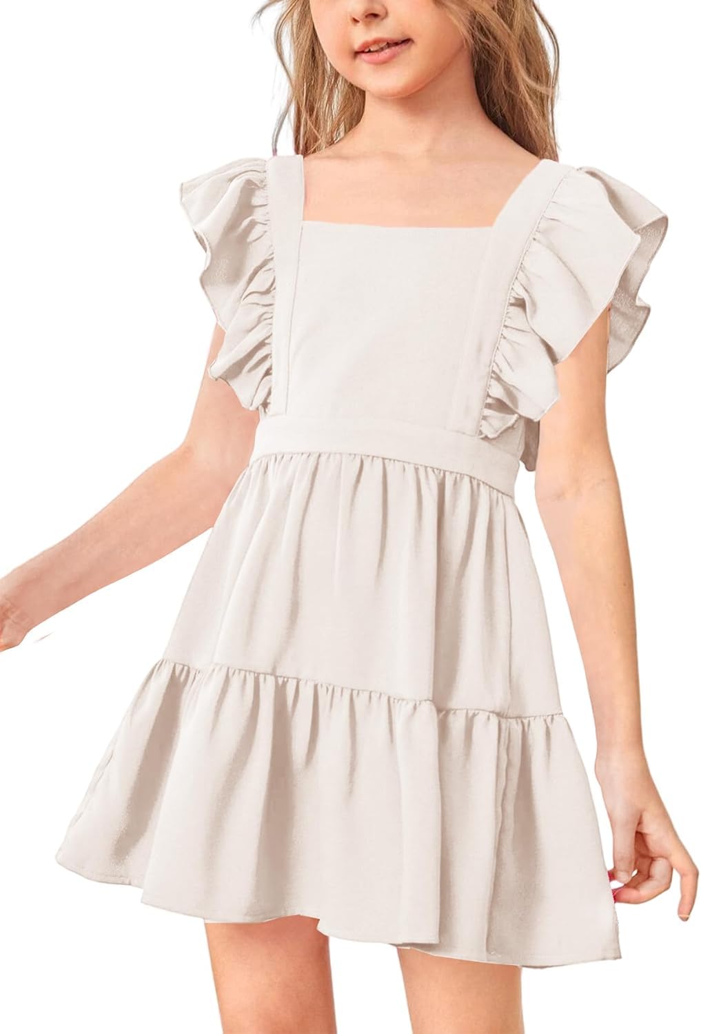 Haloumoning Vestido de niña con cuello cuadrado, vestido de verano, manga con volantes, línea A, swing, informal, fiesta, minivestido, 4-14 años