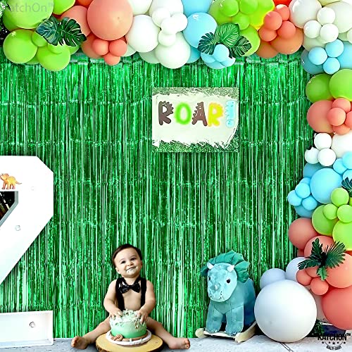 Katchon, Xtralarge Green Streamers Backdrop - 8X6.4 Feet, Pack Of 2 | Green Streamers Party Decorations | Green Fringe Curtain For Jungle Party Decorations | Green Backdrop, Football Party Decorations #TOP6