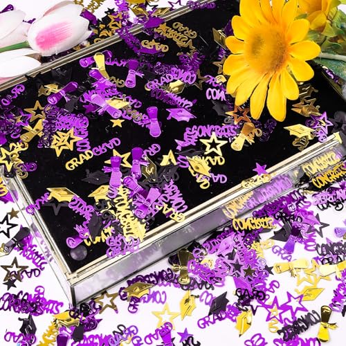 Image of Purple Gold and Black Graduation Confetti 2026, 1000 Pcs Congrats Grad Confetti Class of 2026 Party Table Centerpiece for 2026 Graduation Party Decorations