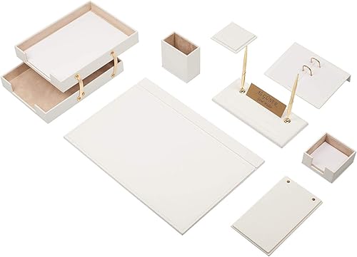 Juego de escritorio de cuero, 10 piezas, bandeja doble para documentos, organizador de escritorio (blanco)