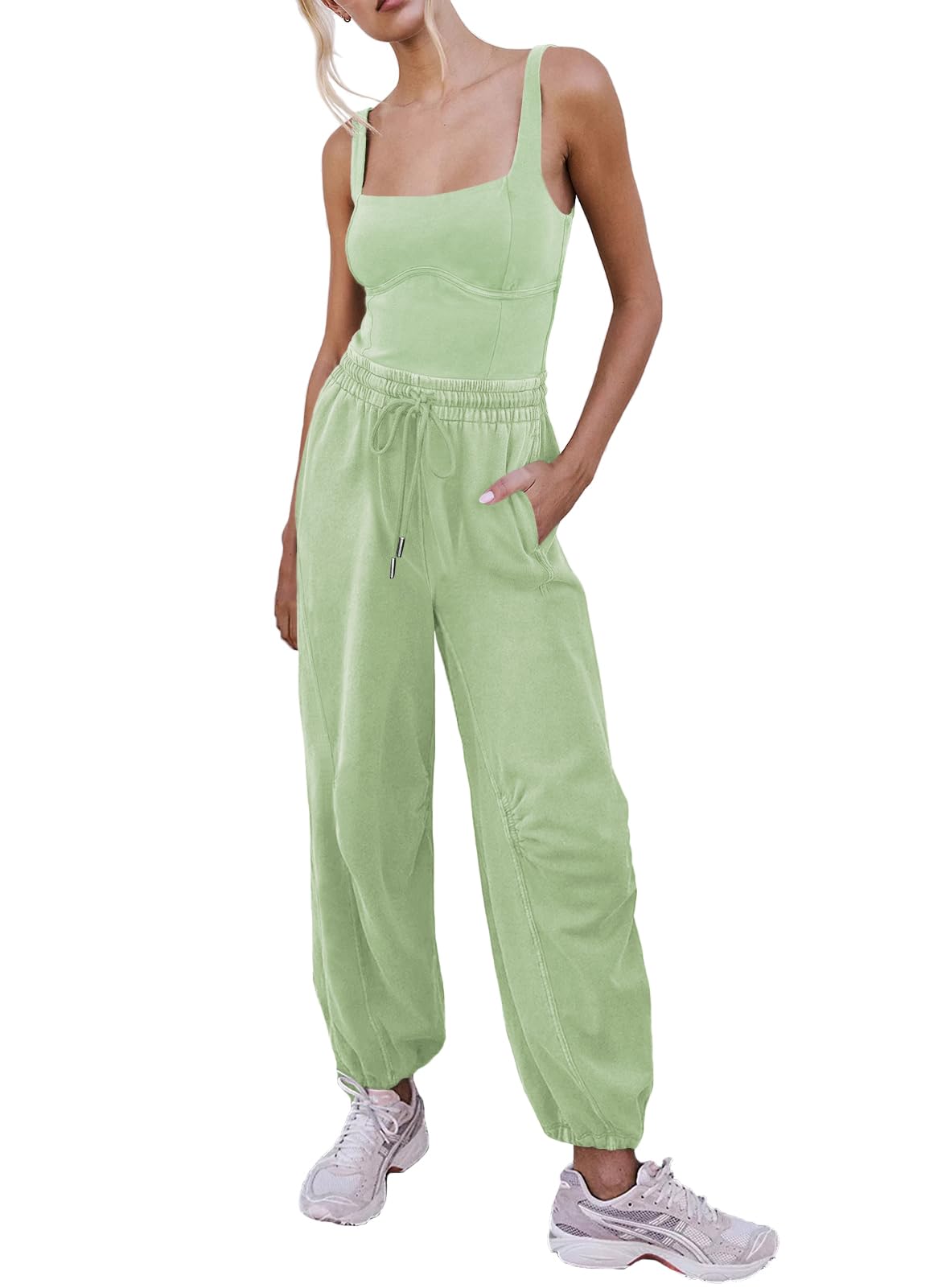 Outfeel Women's Sleeveless Summer Jumpsuit Square Neck Drawstring Waist Long Romper Jumpers 2026 with Pockets